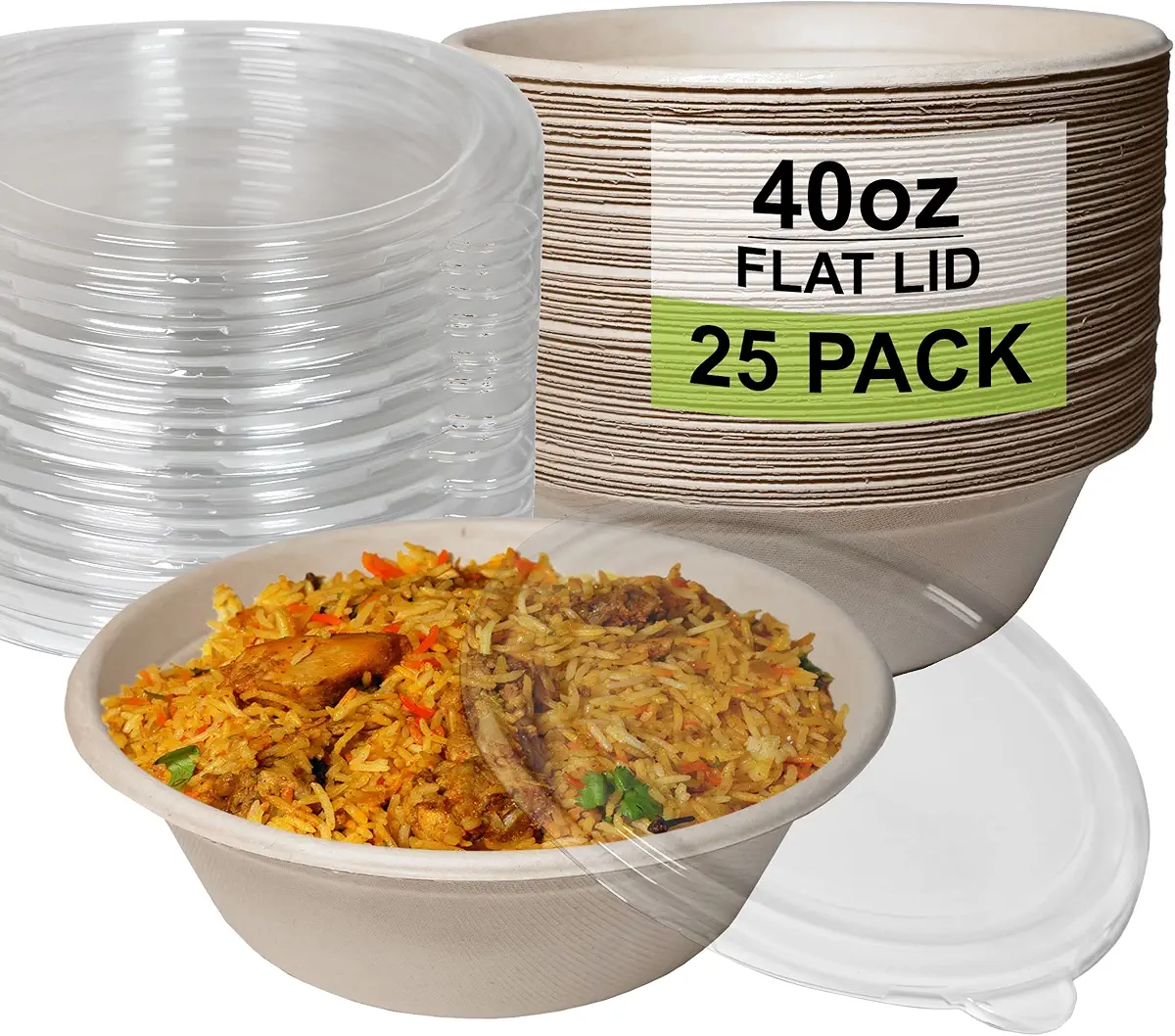 [25 Pack] 40 oz Round Disposable Compostable Paper Bowls with Lids Heavy-Duty, Eco-Friendly Natural Bagasse Unbleached, Heat Resistant, 100% Biodegradable Salad Bowls Alternative to Plastic