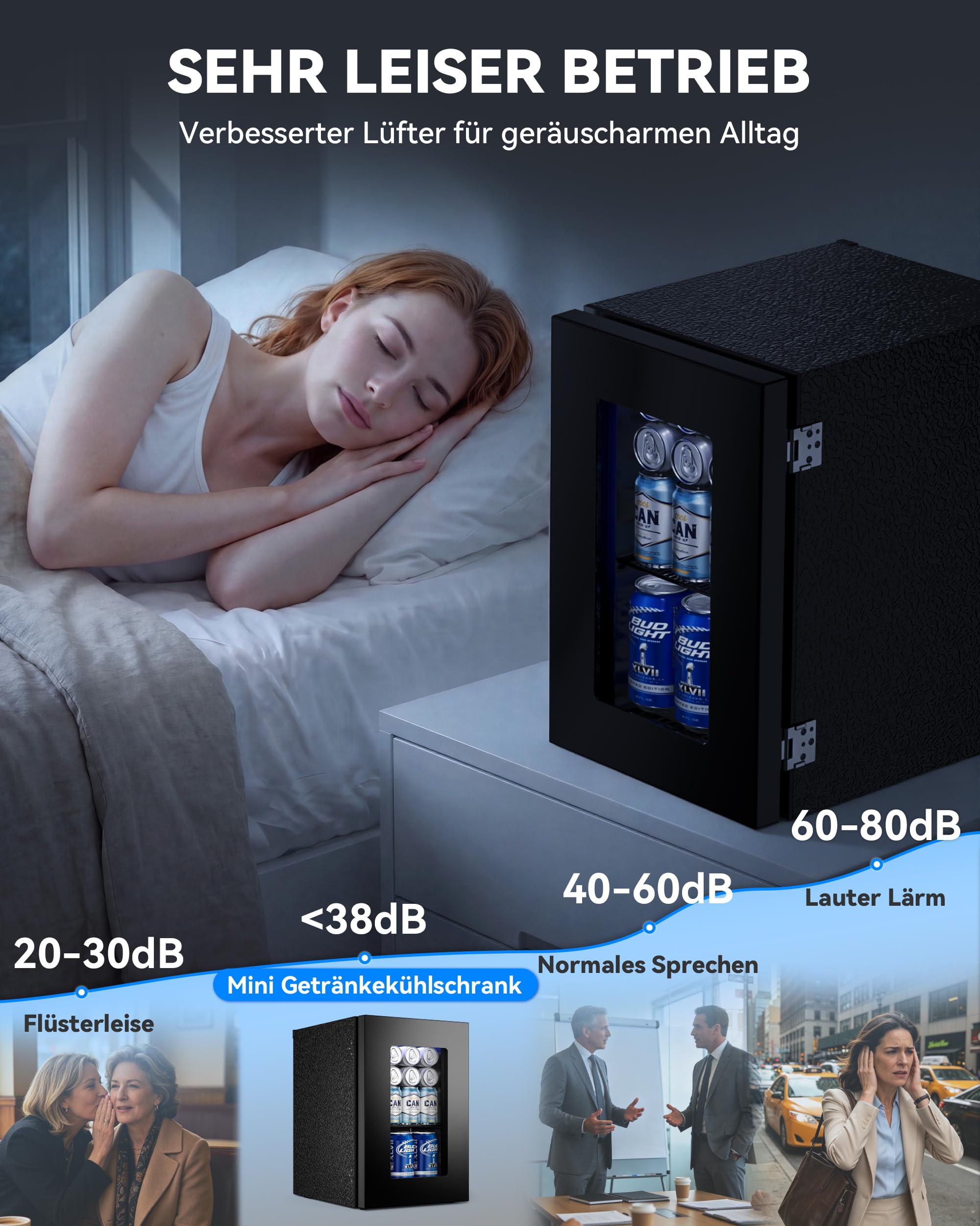 JUMMICO Getränkekühlschrank 18L Schwarz leise Kompressor 4-16°C