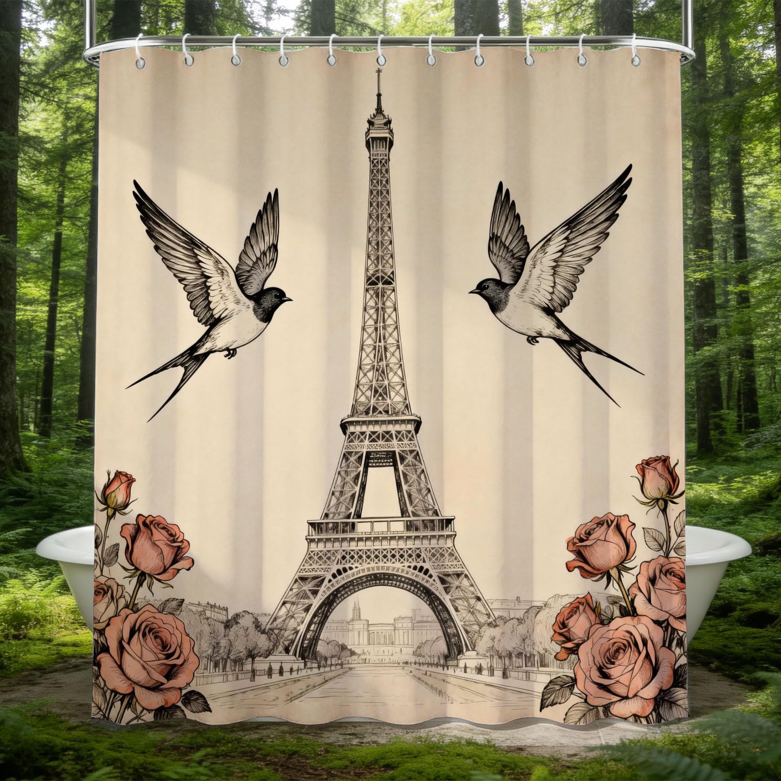 Hongduo 3D Eiffel Tower Shower Curtain for Stalls Bathtubs Vintage Illustration Bathroom Decor Shower Curtain Set Polyester Fabric Waterproof 200x200cm/79X79 Inch with Hooks