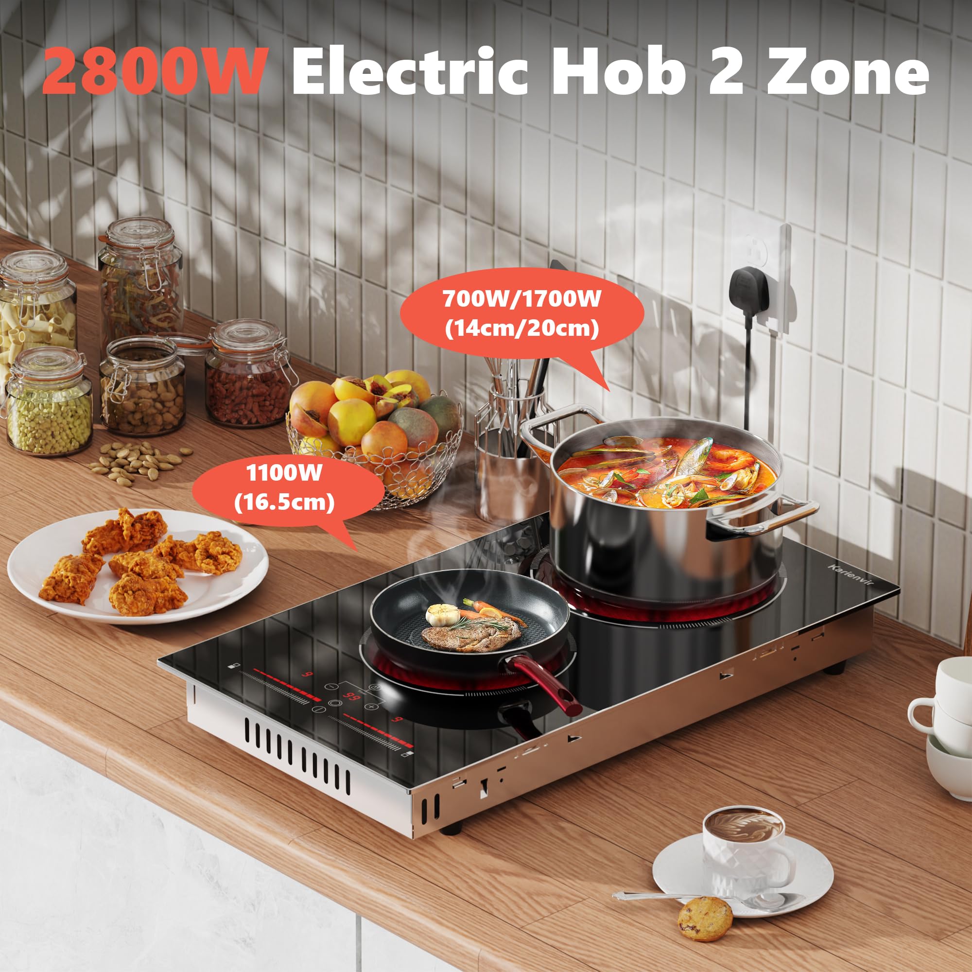 Ceramic Hob 2 Zone, 2 Ring Electric Hob Sliding Control, 30cm Built-in & Countertop Hob, 2 Ring Ceramic Hob 2800 W, 220-240V with Plug, Safety Lock, Timer, Karienvir — view 2