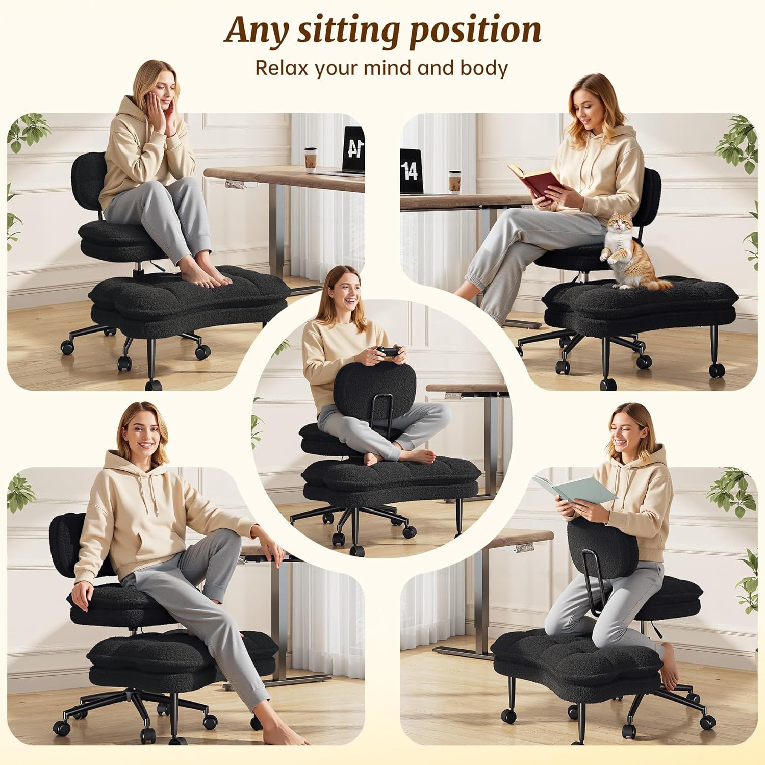 DurayLoly Criss Cross Chair, Ergonomic Office Chair with Wheels & Backrest, Cross Legged Office Chair with Foot Rest for ADHD, Height Adjustable, Thicken Cushion, Teddy Fabric, Black