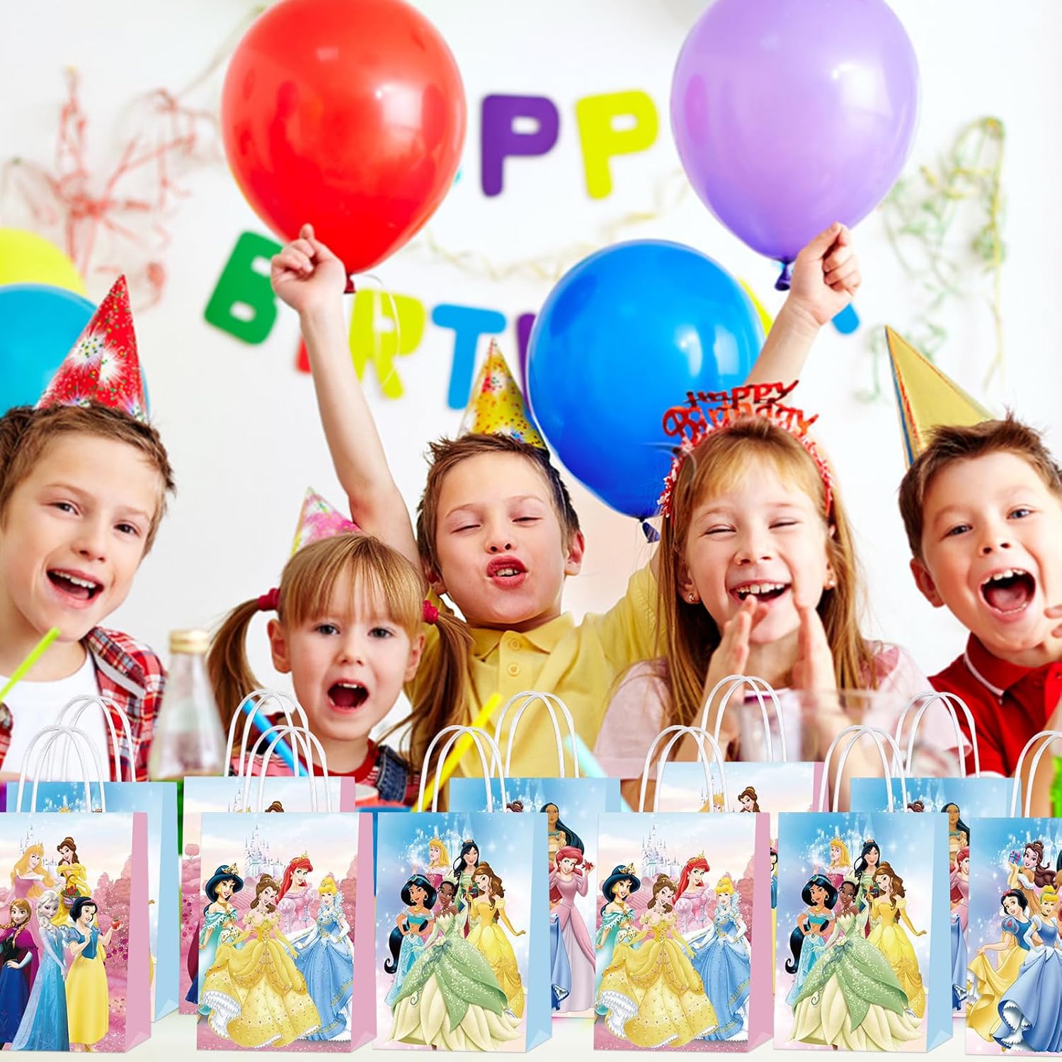 AURSWIF Princess Birthday Party Bags, 20 PCS Princess Kraft Paper Goodie Bag with Handles Small Gift Treat Bags for Princess Party Supplies