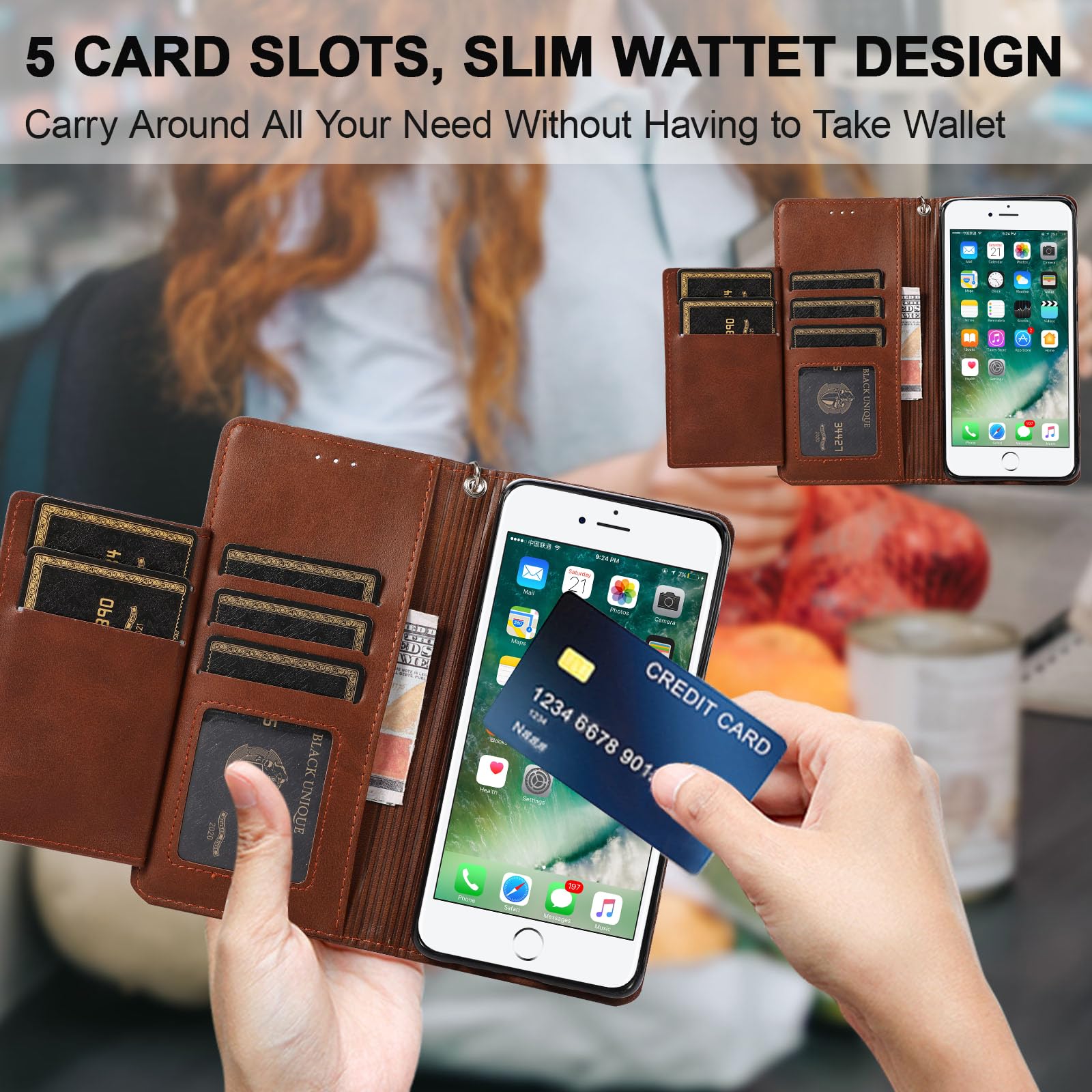 EYZUTAK Wallet Case for iPhone 6 iPhone 6S, 5 Card Slots Magnetic Closure Zipper Pocket Handbag PU Leather Flip Case with Wrist Strap TPU Kickstand Cover for iPhone 6/6S - Brown