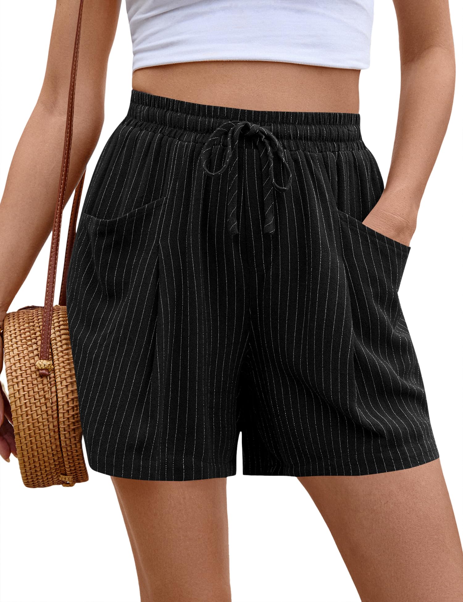 Rapbin Kurze Hose Damen Sommer Leinen Baumwolle Gummizug High Waist Leicht Shorts Leinenhose Sommershorts Damenshorts mit Taschen
