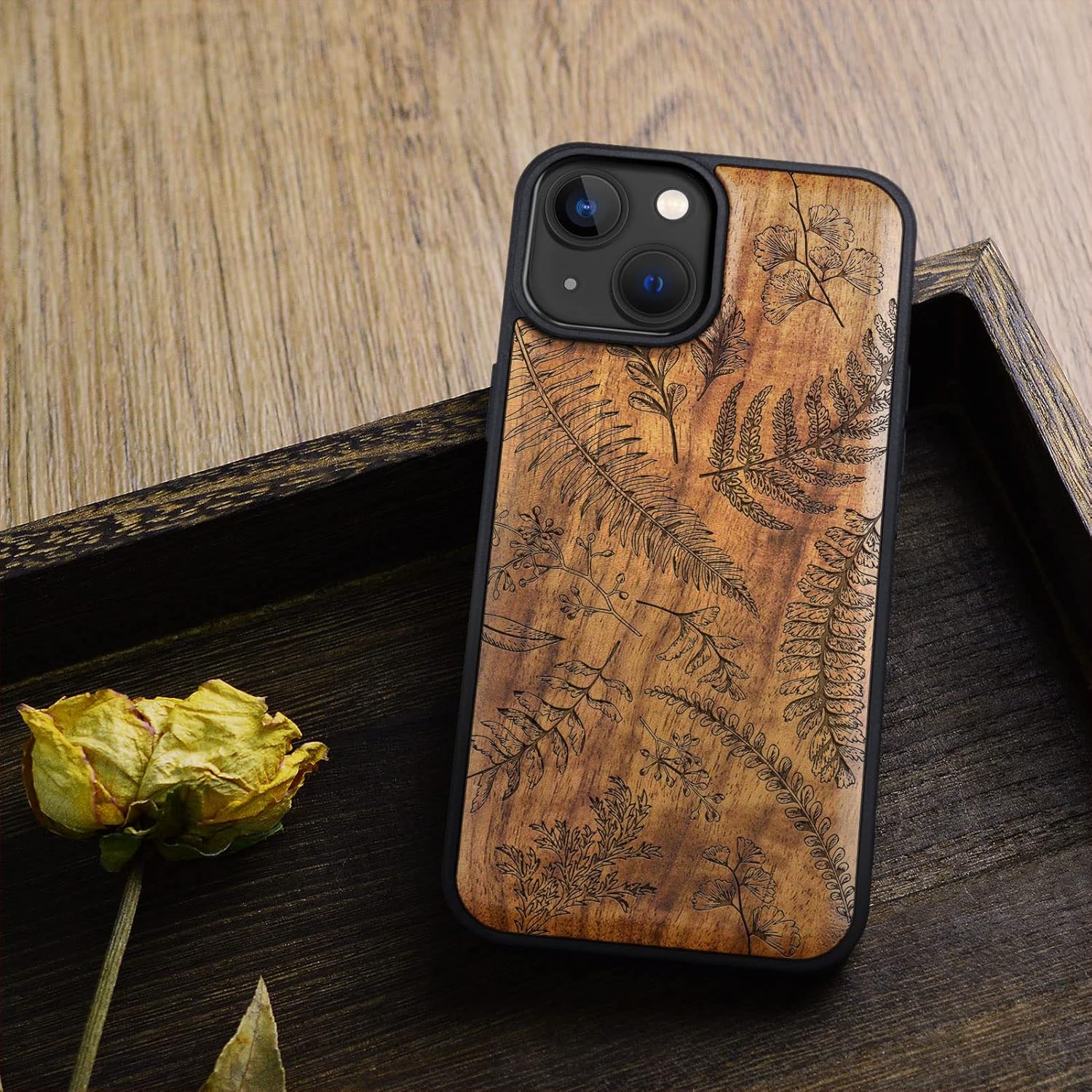 Carveit Magnetic Wood Case for iPhone 14 Case [Natural Wood & Black Soft TPU] Shockproof Protective Cover Unique Wooden Case Compatible with magsafe (Fern Leaves & Herbs -Walnut)