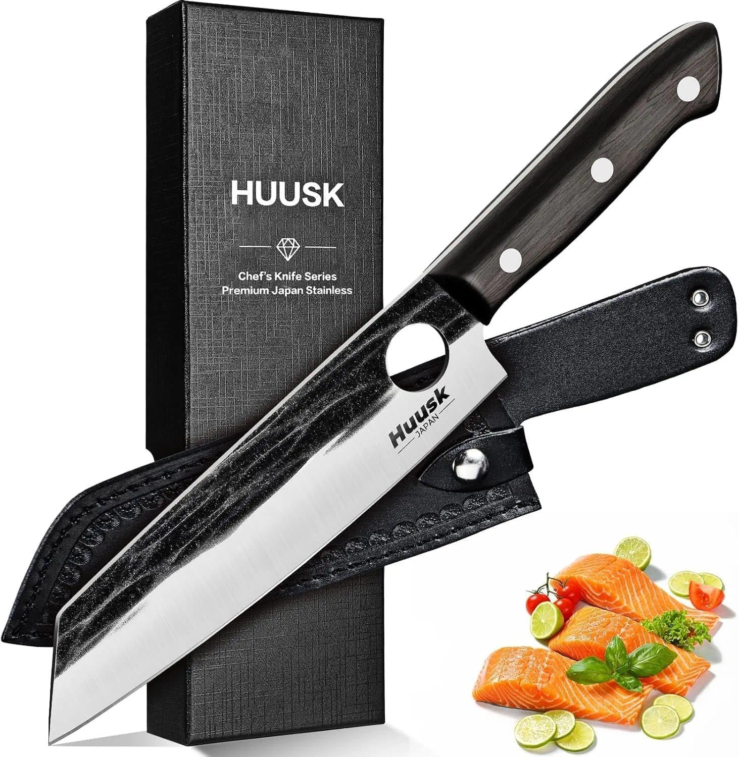 Huusk Kiritsuke Knife Japanese, Gyuto Knife, Japanese Chef Knives with Full Tang Handle, Hand Forged Kitchen Knives for Sushi, Meat, Fruits and Vegetables, Christmas Gift for Men and Wome