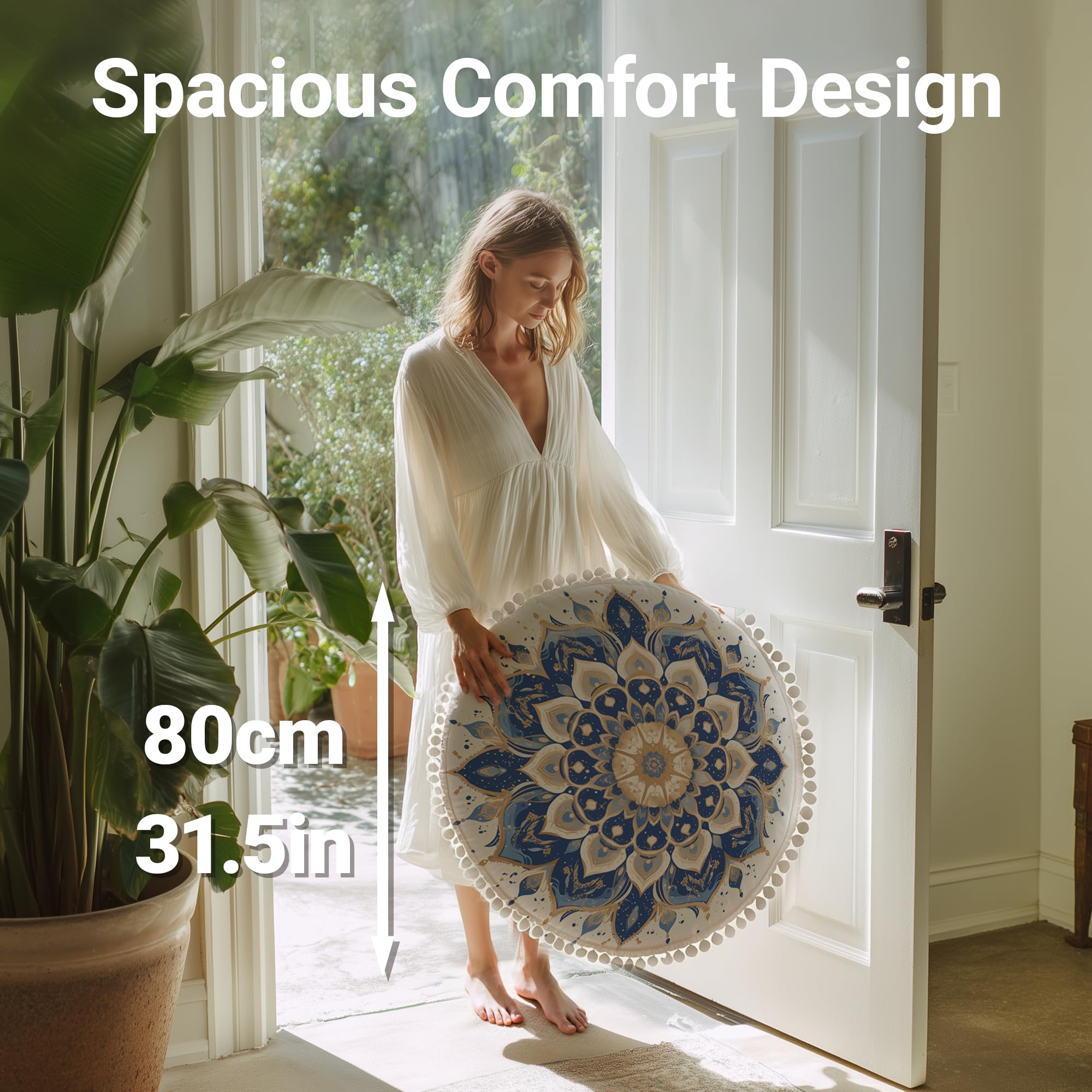 Cojín de Meditación Redondos, Almohada de Suelo con Funda Extraíble y Lavable, 80 cm Cojín de Yoga Ergonómico con Detalles de Pompones, Uso Interior/Exterior, marrón
