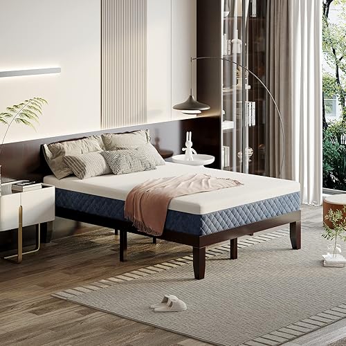 Miniatura 12 de KOMFOTT Base de cama de plataforma de madera de 14 pulgadas, tamaño individual, base de colchón de madera con marco de madera de goma, fuerte Marrón