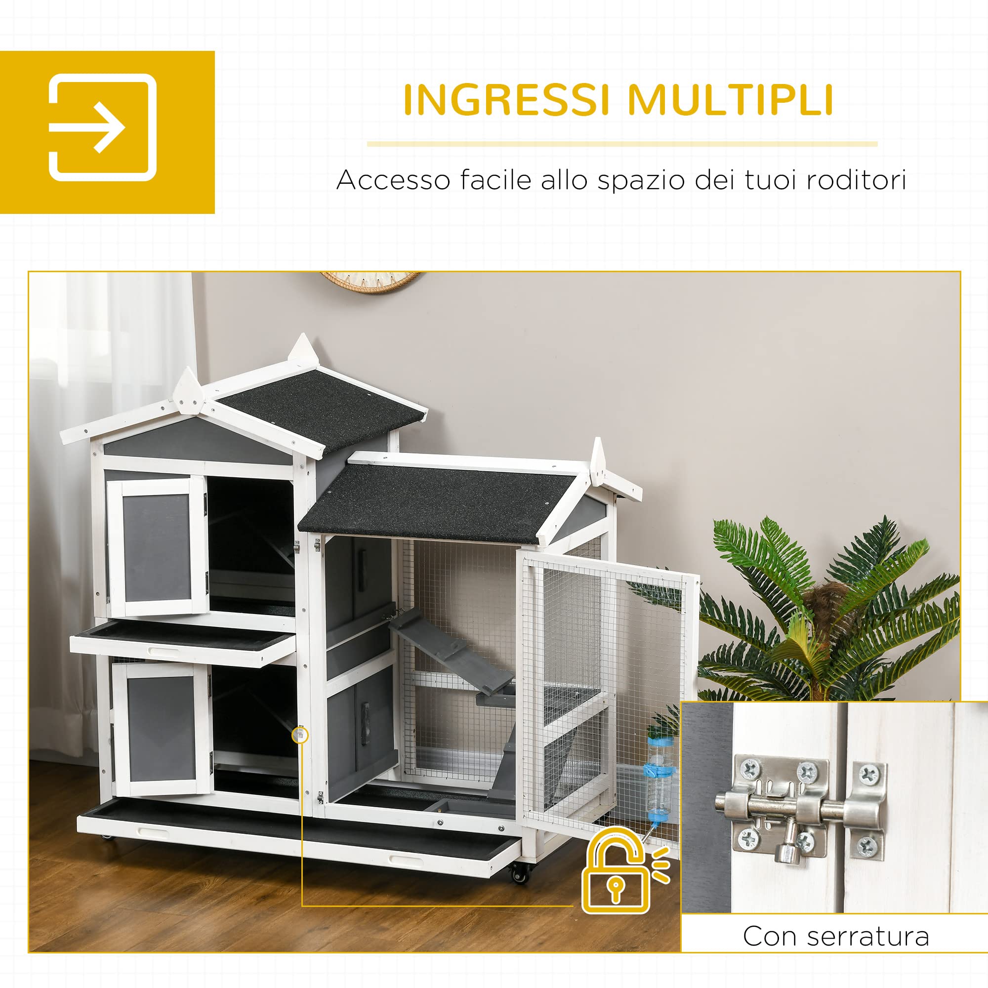 PawHut Conigliera da Esterno per 2 Conigli in Legno d'Abete e Tetto in Bitume con Vassoio Estraibile e Area di Corsa Condivisa, 110x60x104 cm, Grigia e Bianca