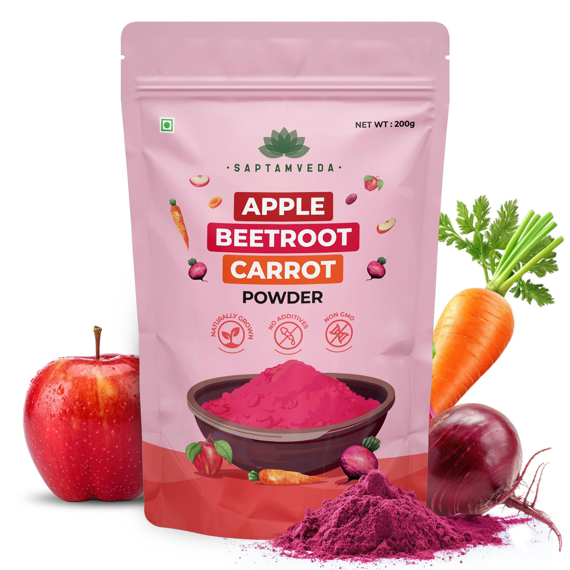 Saptamveda ABC Powder 200g – Apple Beetroot Carrot Superfood | Supports Immunity, Skin Glow, Energy & Heart Health | High in Antioxidants & Fiber | 100% Pure & Preservative-Free