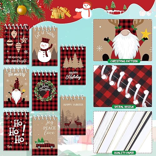 Miniatura 3 de Funrous 24 mini blocs de notas de Navidad en espiral, diseño de búfalo a cuadros, pequeño, mini bloc de notas con patrón de muñeco de nieve, para