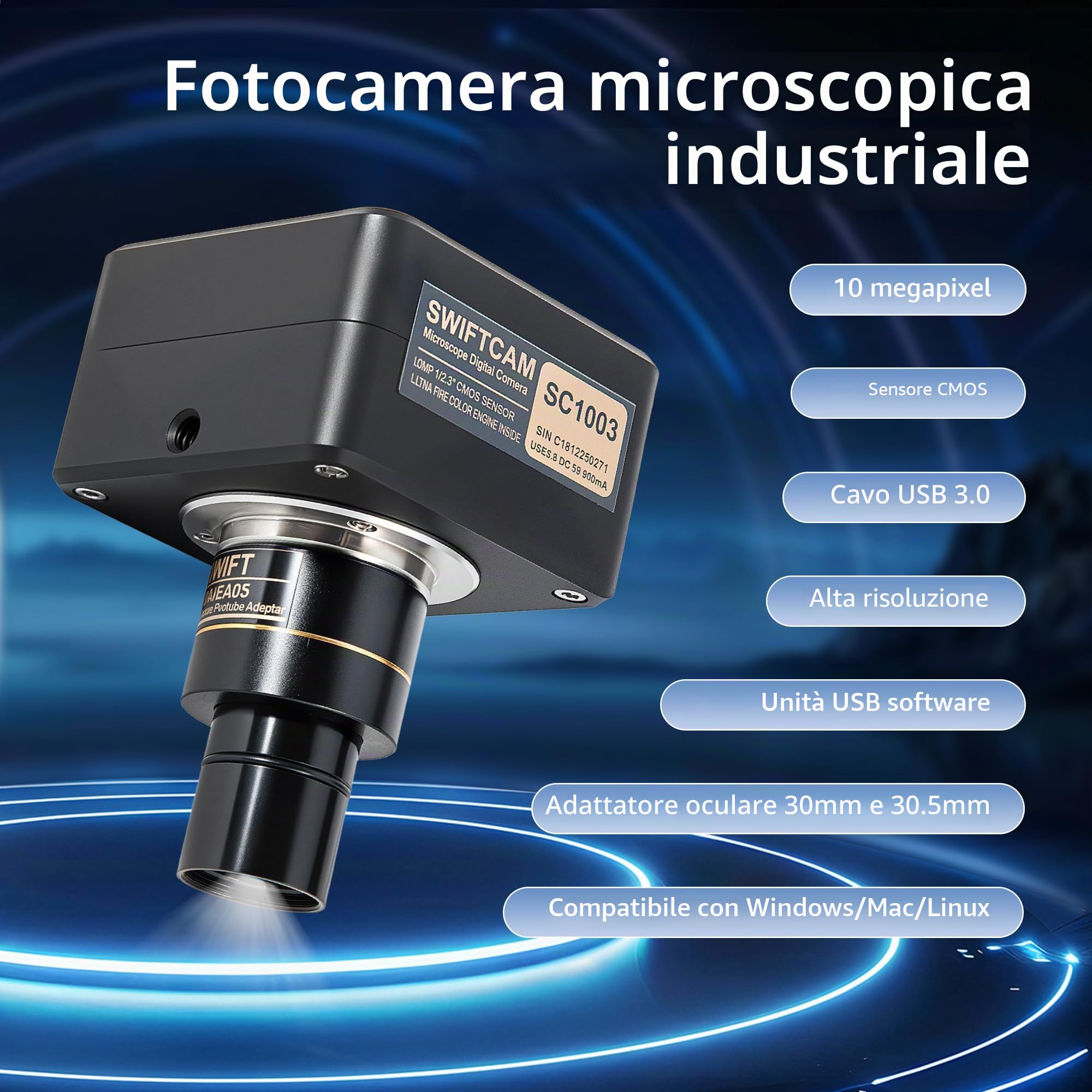 SWIFT Swiftcam SC1003-CK - Fotocamera da microscopio da 10 Megapixel con obiettivo riduttore, kit di calibrazione, adattatori oculari e cavo USB 3.0, compatibile con Windows/Mac/Linux