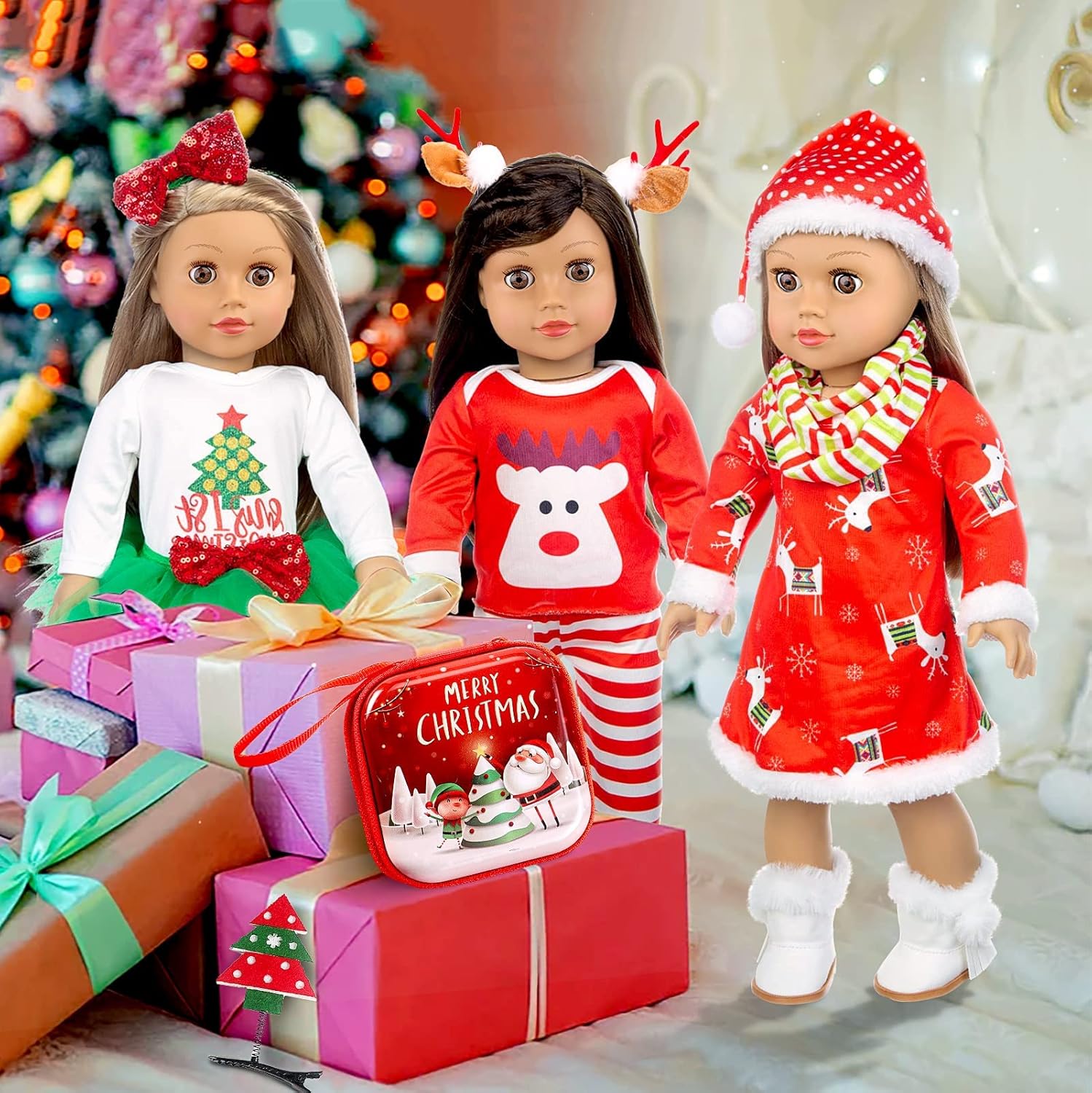 K.T.Fancy 8 PCS 18 Inch Girl Doll Christmas Clothes and Accessories Set Including 3 Set Christmas Clothes and Dress Headband Boots Head Clip Bag Best Gift for Your Child