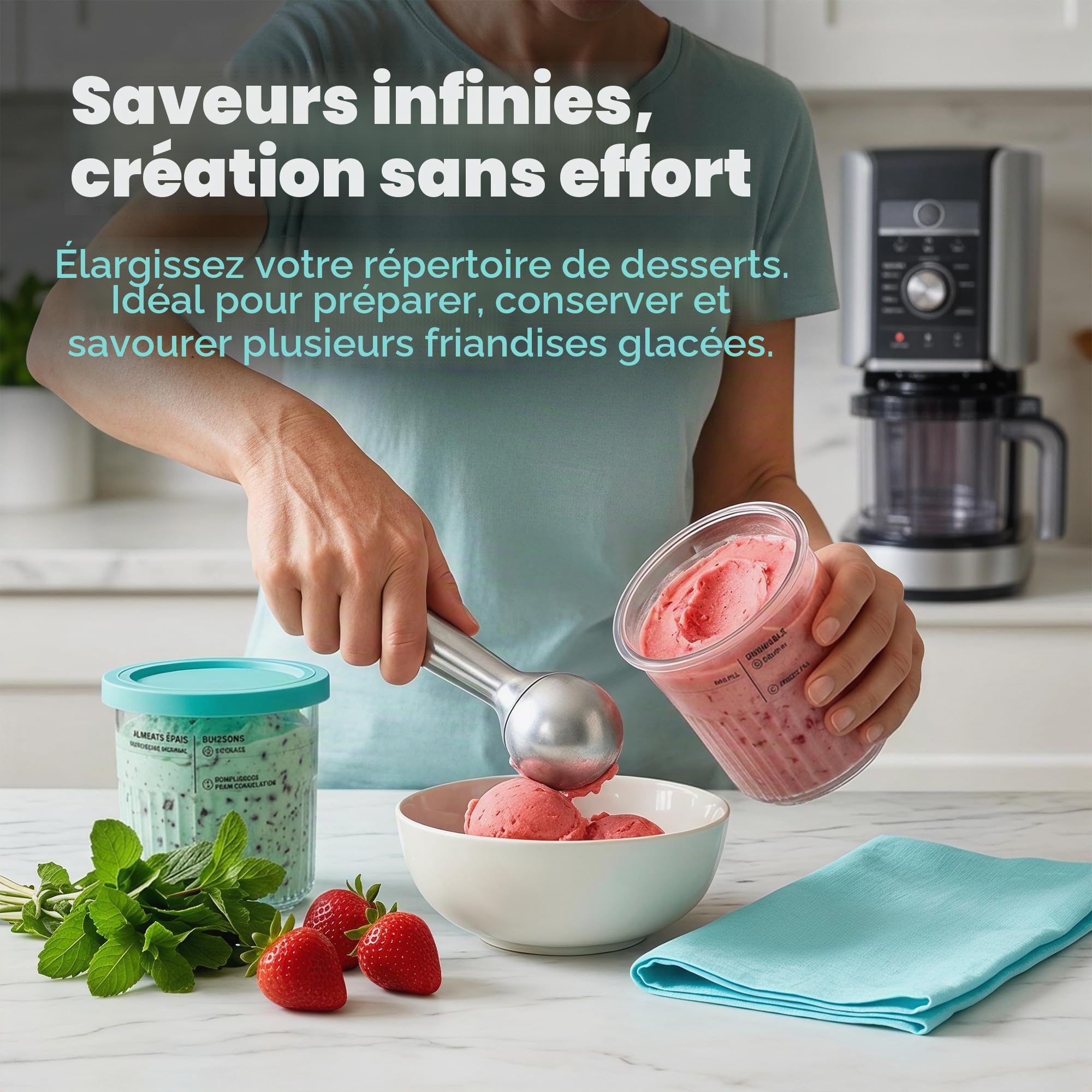 Set de 4 récipients pour Ninja CREAMi Deluxe, pintes de crème glacée de 24oz avec couvercles colorés, incluant 4 mini-cuillères et cuillère à glace en acier inoxydable, accessoire sans BPA et lavable