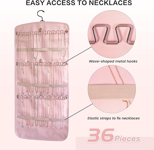 Miniatura 10 de SGTD Organizador de joyas colgante de doble cara con bolsillos y ganchos para anillos, aretes, collares, rollo de almacenamiento de accesorios para