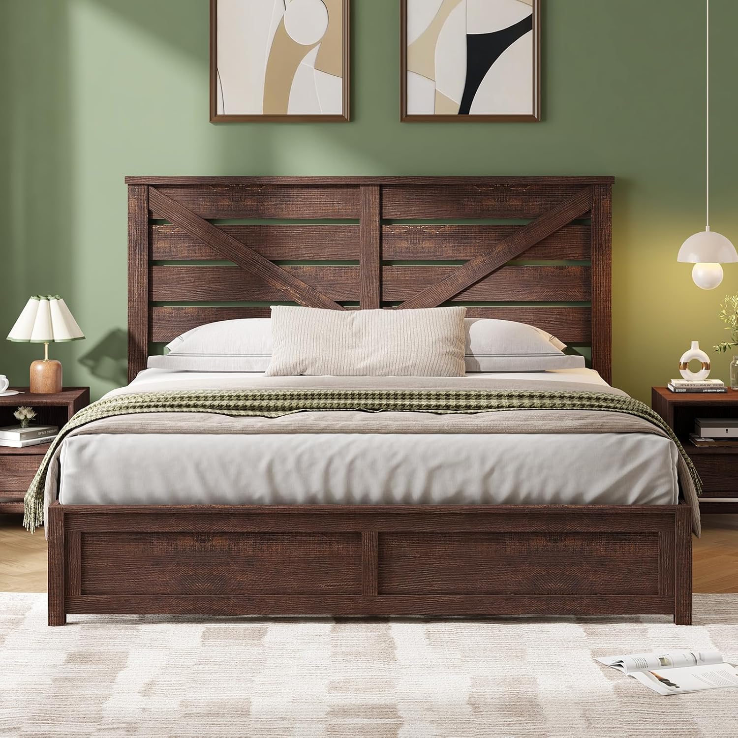 LUXOAK King Size Farmhouse Wooden Bed Frame, Platform Bed Frame with 49.2" Headboard/No Box Spring Needed/Noisy Free/Easy Assembly/Brown