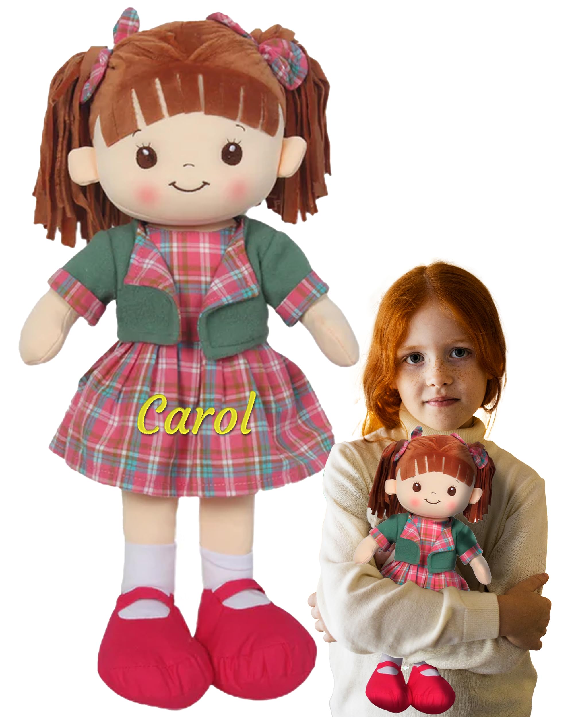 Printualist Personalized Rag Dolls for Girls - Custom 16 Inches Soft Plush Snuggle Baby Doll for Toddlers Stuffed Toys - Muñecas de Trapo Personalizadas para Niñas - Pink Plaid Dress
