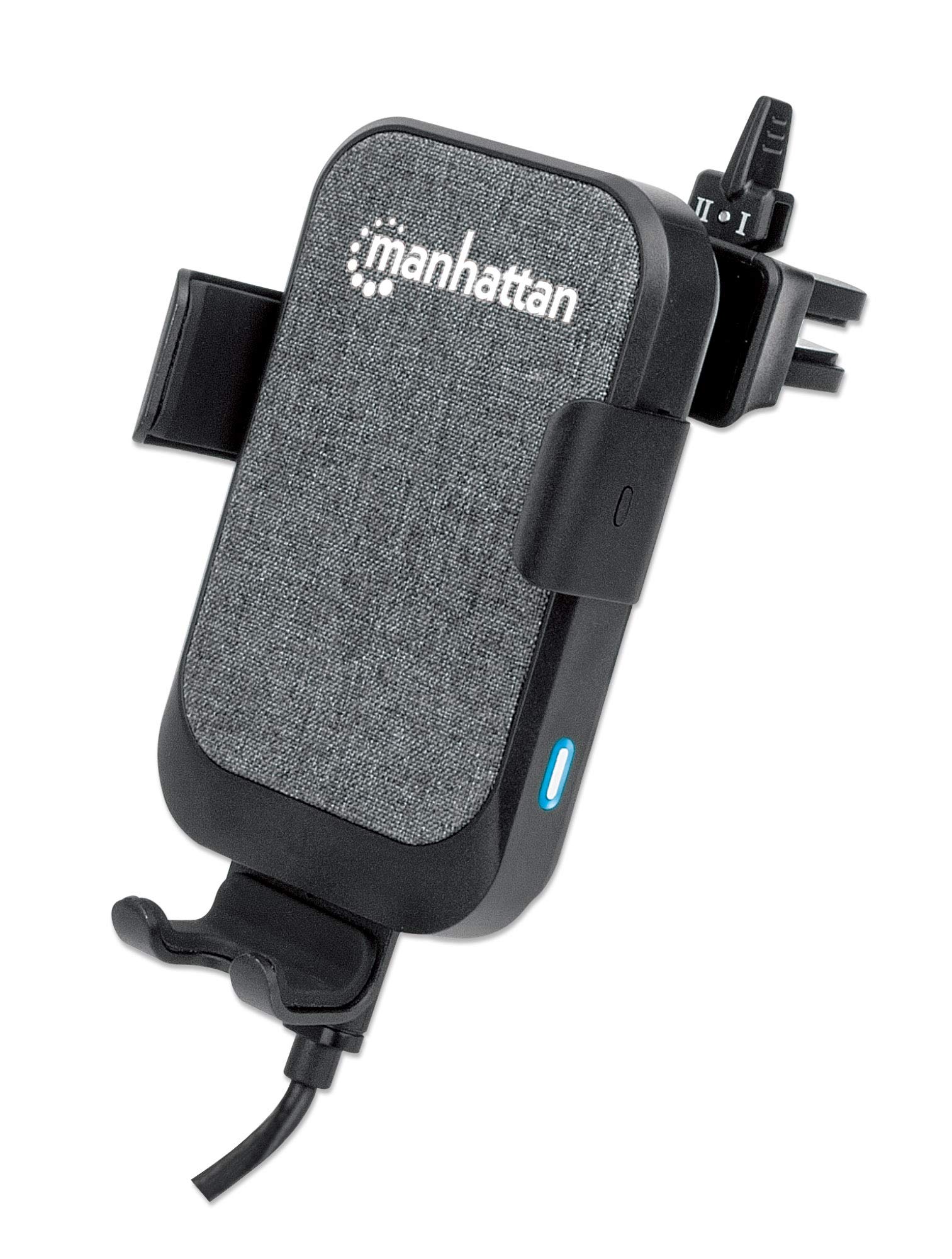 Manhattan Supporto di ricarica wireless per auto/auto, ricarica wireless da 10 W, certificato QI, clip per bocchetta dell'aria e opzioni di installazione a ventosa, 1 porta USB-A femmina, ricarica 2,1