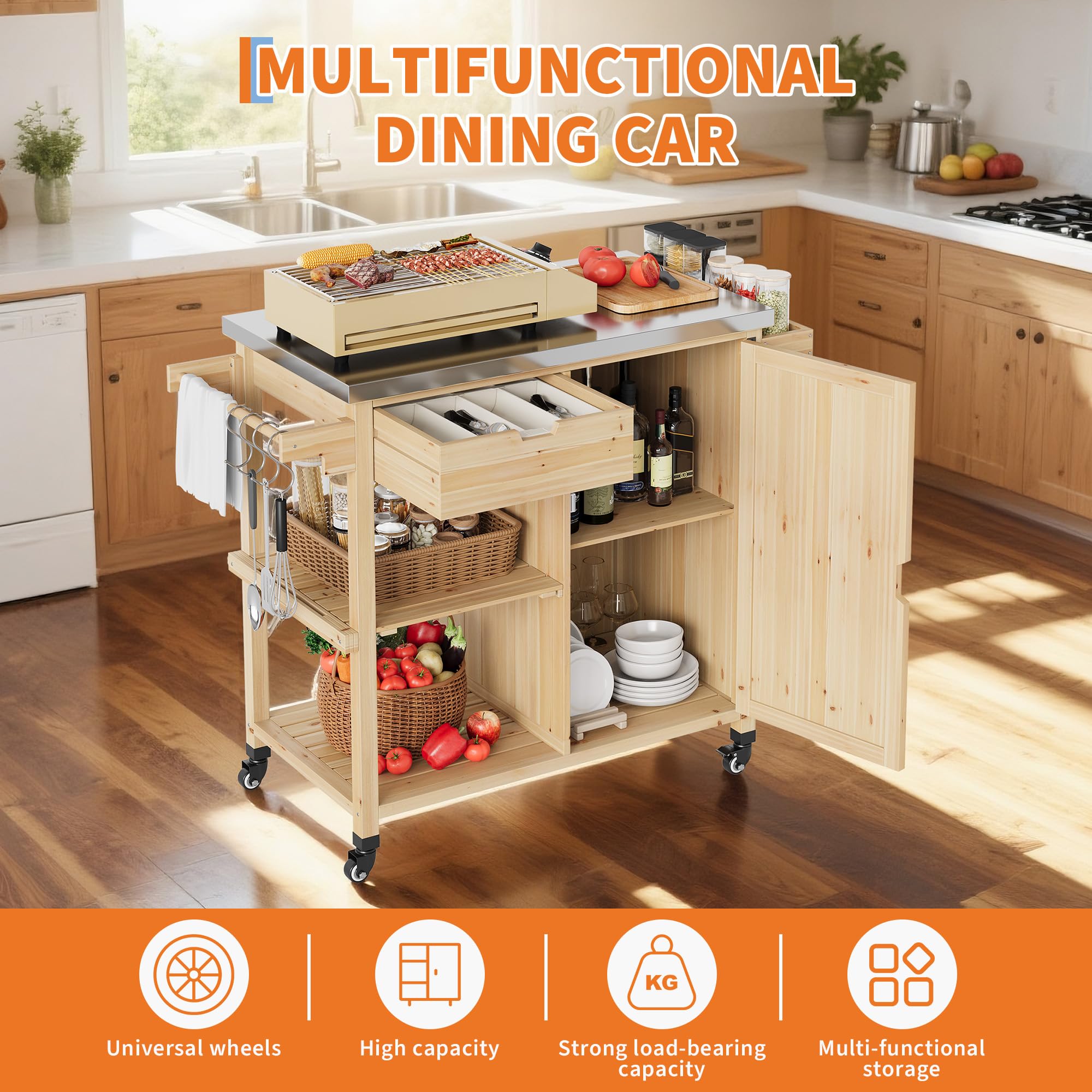 Garvee Chariot de Barbecue supplémentaireérieur Professionnel – Plan de Travail INOX, Armoire de Rangement, tiroir, étagères Ouvertes, Porte-épices, roulettes – Îlot Mobile et Table d’appoint pour