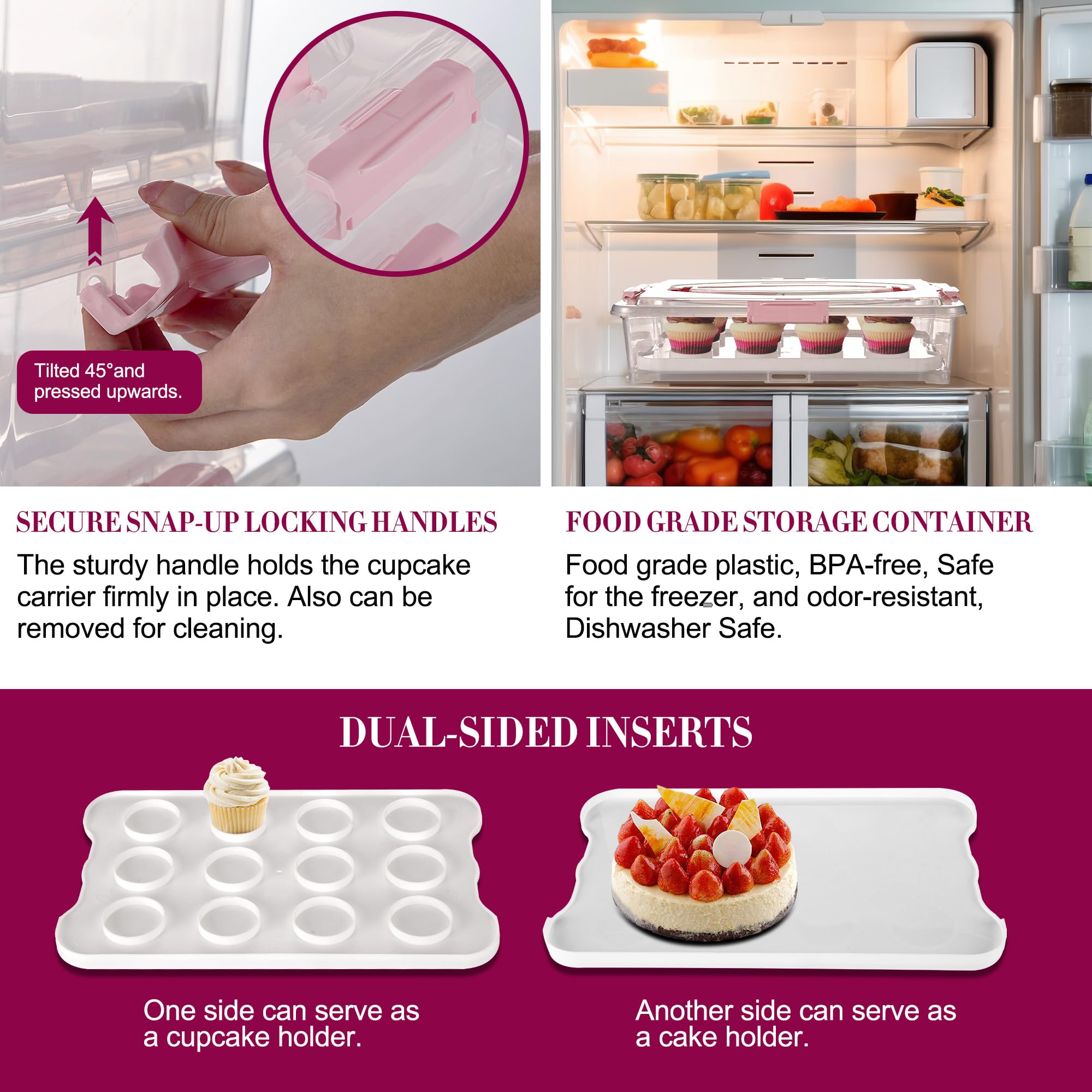 ARC - Porta cupcake a 3 ripiani (rosa) – Porta cupcake e contenitore per il trasporto di torte che può contenere fino a 36 cupcake o 3 torte grandi, senza BPA, ideale per feste e festival