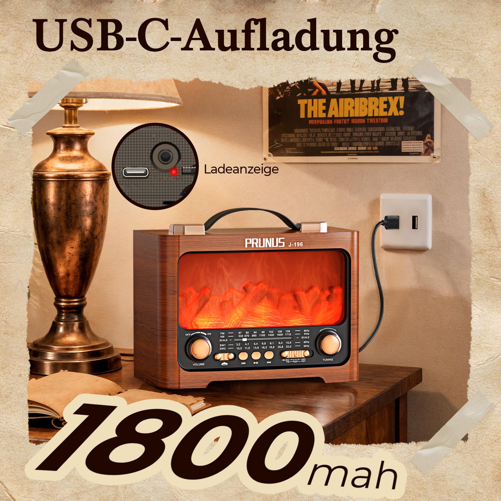PRUNUS J-196 AM/FM/SW Retro Radio mit Bluetooth | Nostalgie Radio mit Akku 1800mAh | Transistorradio Küchenradio für Zuhause | Flammen-LED | USB/TF Slot | großem 8W-Lautsprecher | Vintage-Dekoration