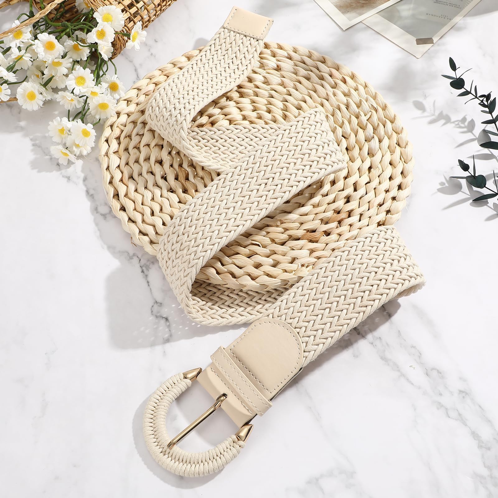 VONMELLI Cinturón trenzado de ratán para mujer, cinturón ancho para vestidos, cinturón trenzado, cinturón trenzado, cinturón de paja, rafia, bohemio, para vaqueros