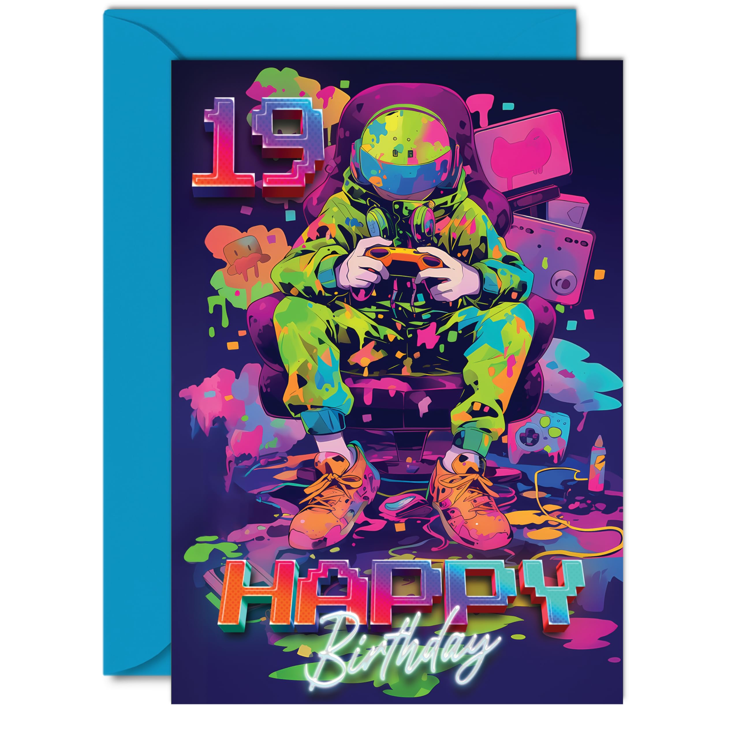 19th Birthday Cards for Women Men - Video Gamer Game - Happy 19 Birthday Card for Son Daughter Brother Sister Friend, A5 Nineteen Nineteenth Bday Greeting Cards