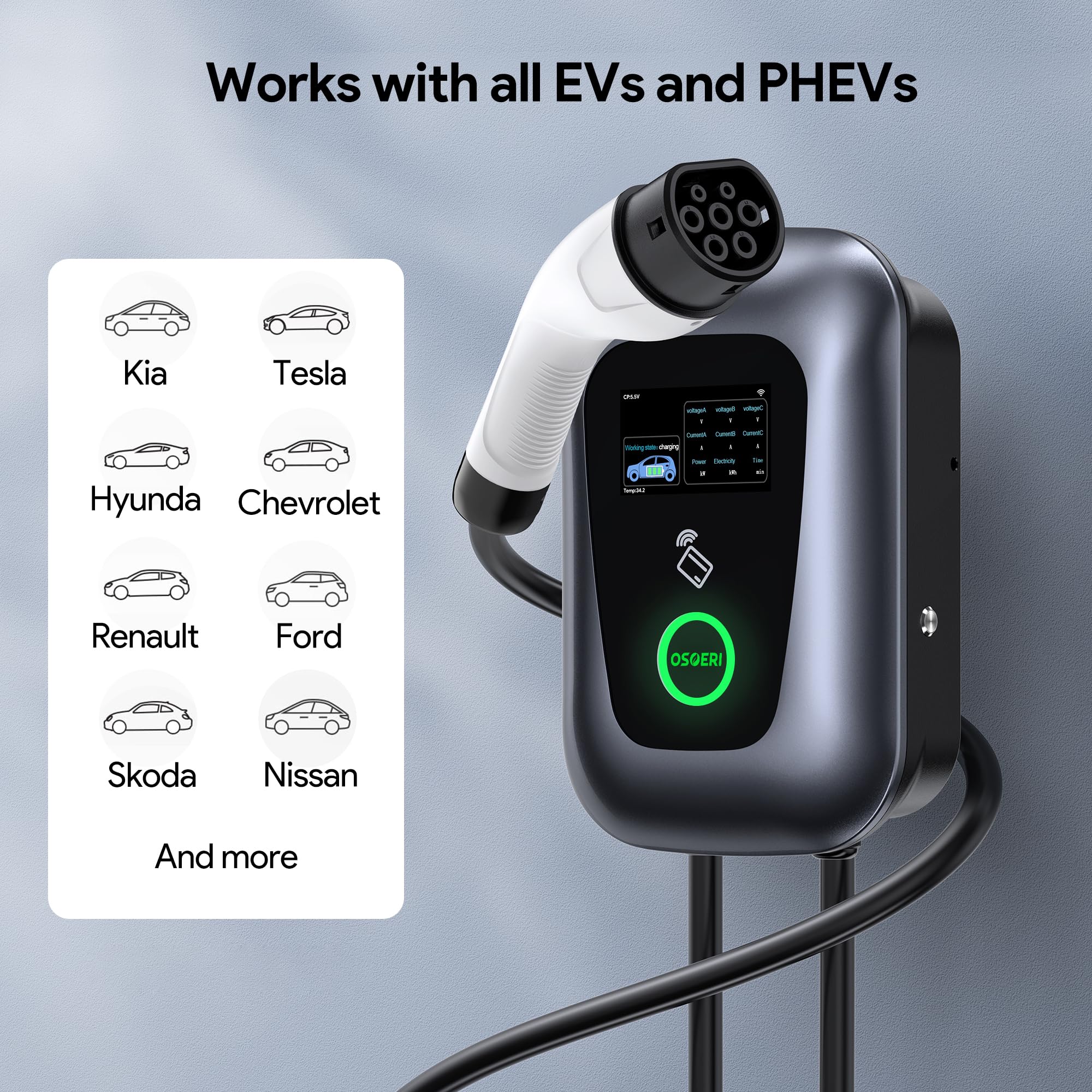 Osoeri EV Stazione di Ricarica, Caricabatterie per Auto Elettriche Intelligenti Tipo 2 con 5M Cavo, Max 32A EV Charger IEC 62196-2 con Controllo RFID/App, Monofase o Trifase Massimo 22kW Regolabile