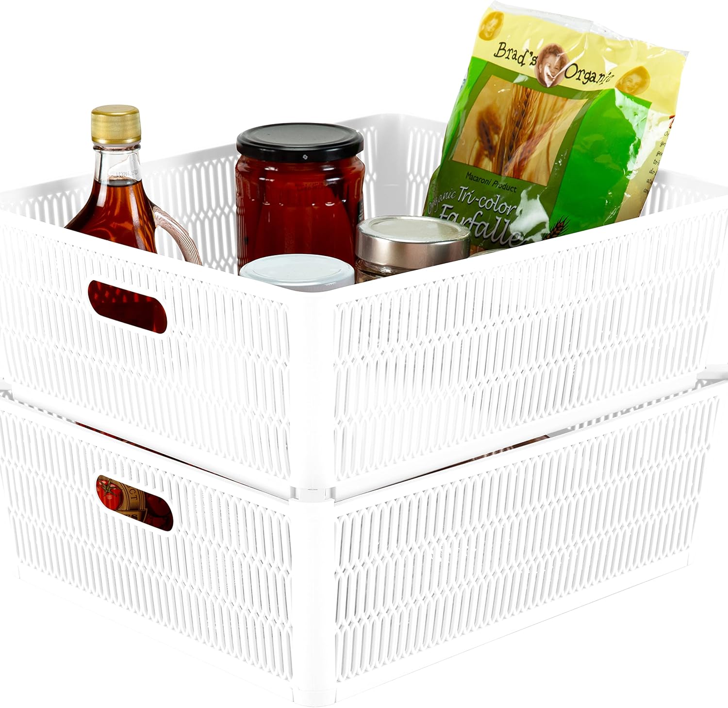 Simplify 4Pk Shallow Slide 2 Stack It Tote Basket | Storage & Organization | Open Bins with Stackable Capability | Bathroom | Crafts | Pantry | Playroom | Office | White