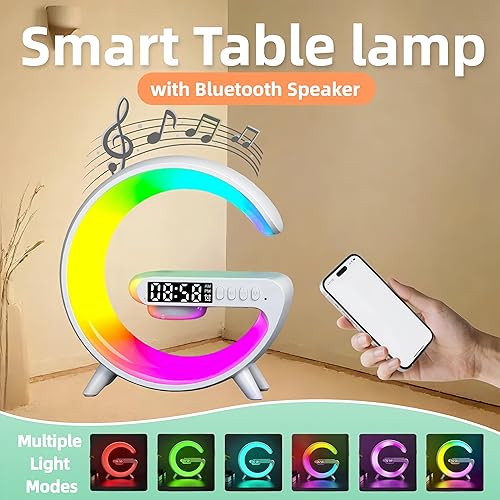 Miniatura 6 de Lámpara de mesa LED con cargador inalámbrico, lámpara de luz nocturna en forma de G con altavoz Bluetooth, reloj despertador de amanecer, mini