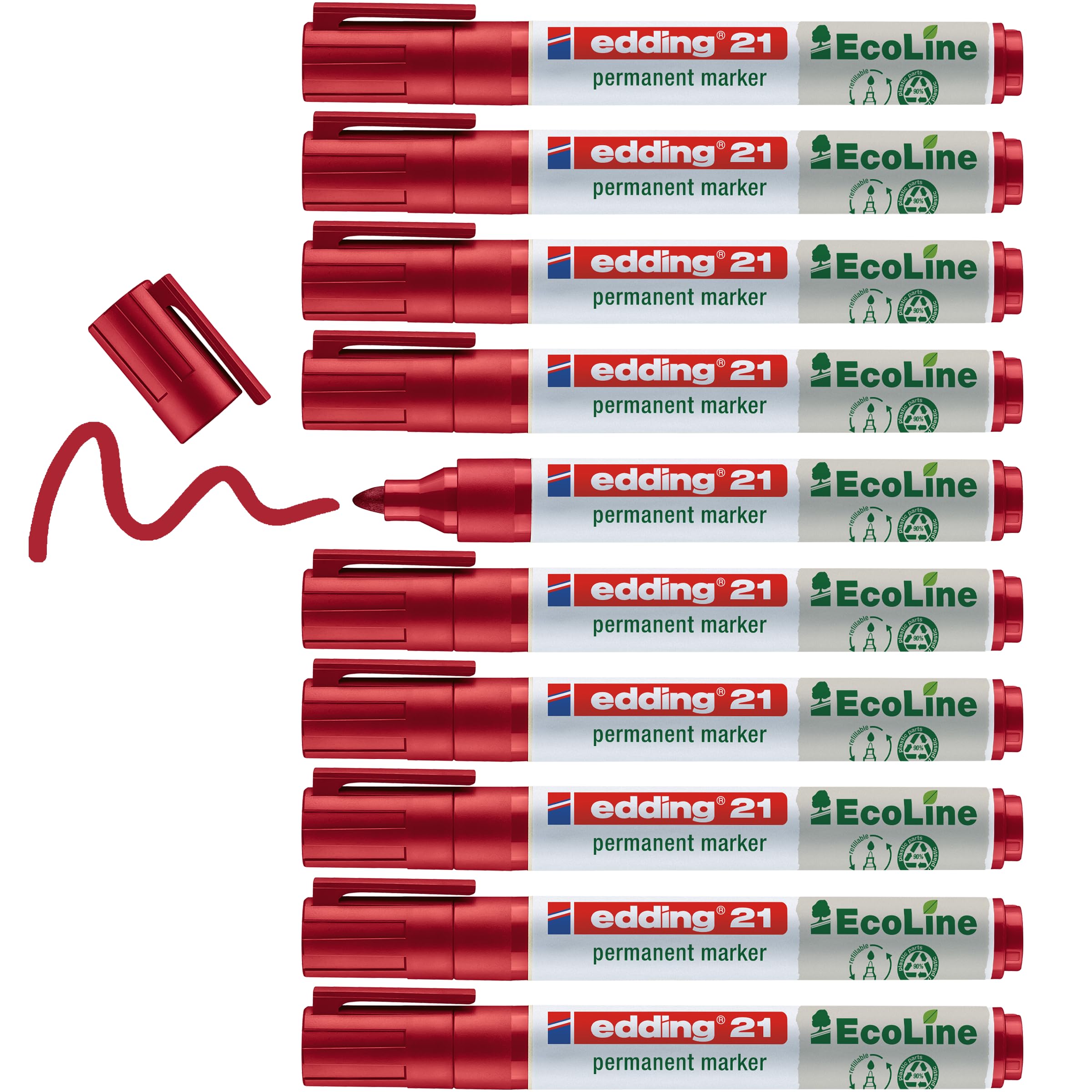 edding 21 EcoLine marcador permanente - rojo - 10 rotuladores - punta redonda 1,5-3mm - indeleble de secado rápido - resistente al agua y los borrones - cartón plástico madera metal tela - universal Certificado ClimatePartner
