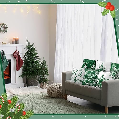 Miniatura 6 de 6 fundas de cojín de Navidad para decoración de Navidad, decoración de vacaciones, para sofá, Navidad, oficina, dormitorio (estilo verde, 16 x 16