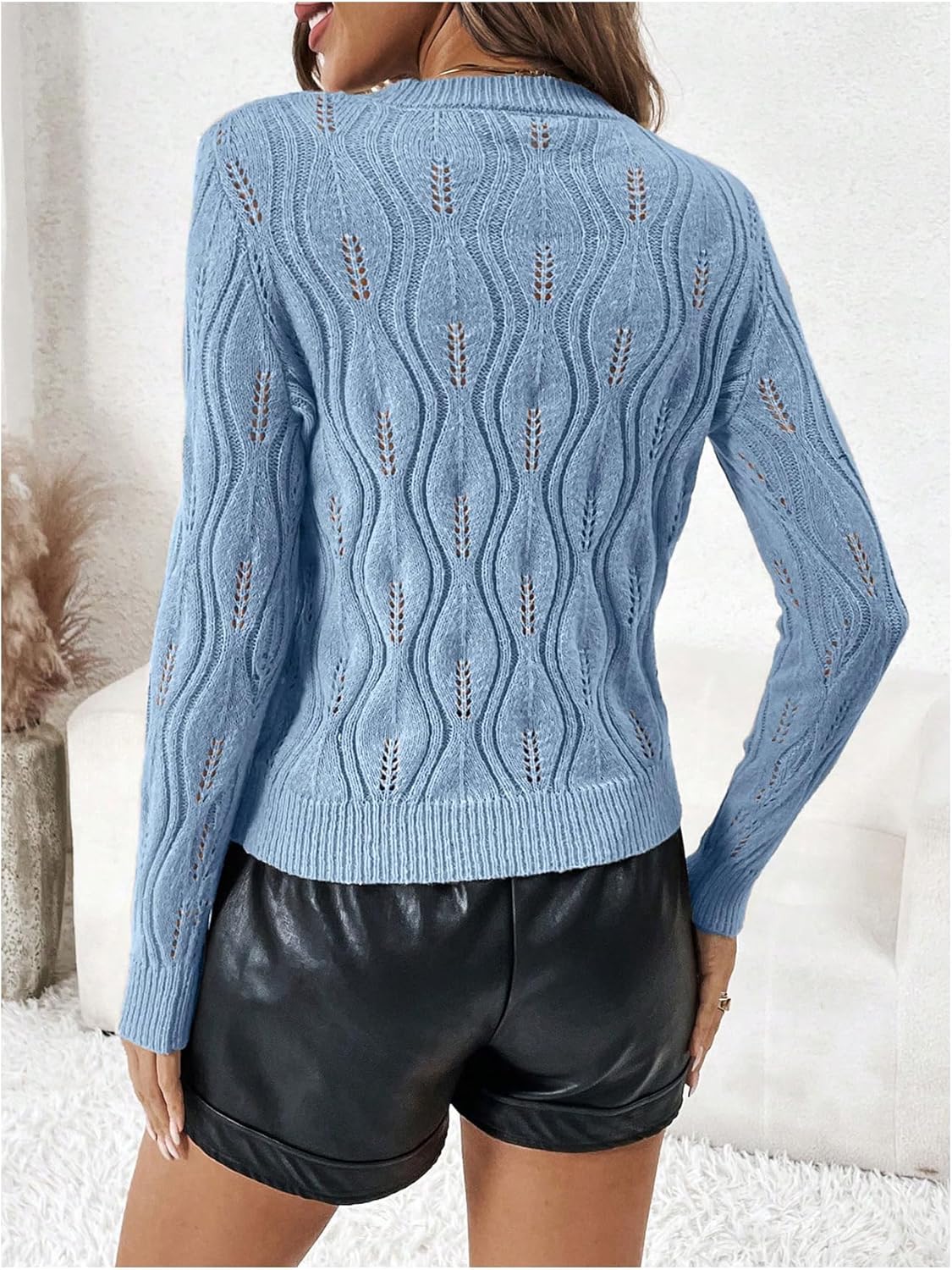 Floerns Women's Pearl Beaded Sweater Crewneck Long Sleeve Hollow Out Knitted Pullovers - Image 2