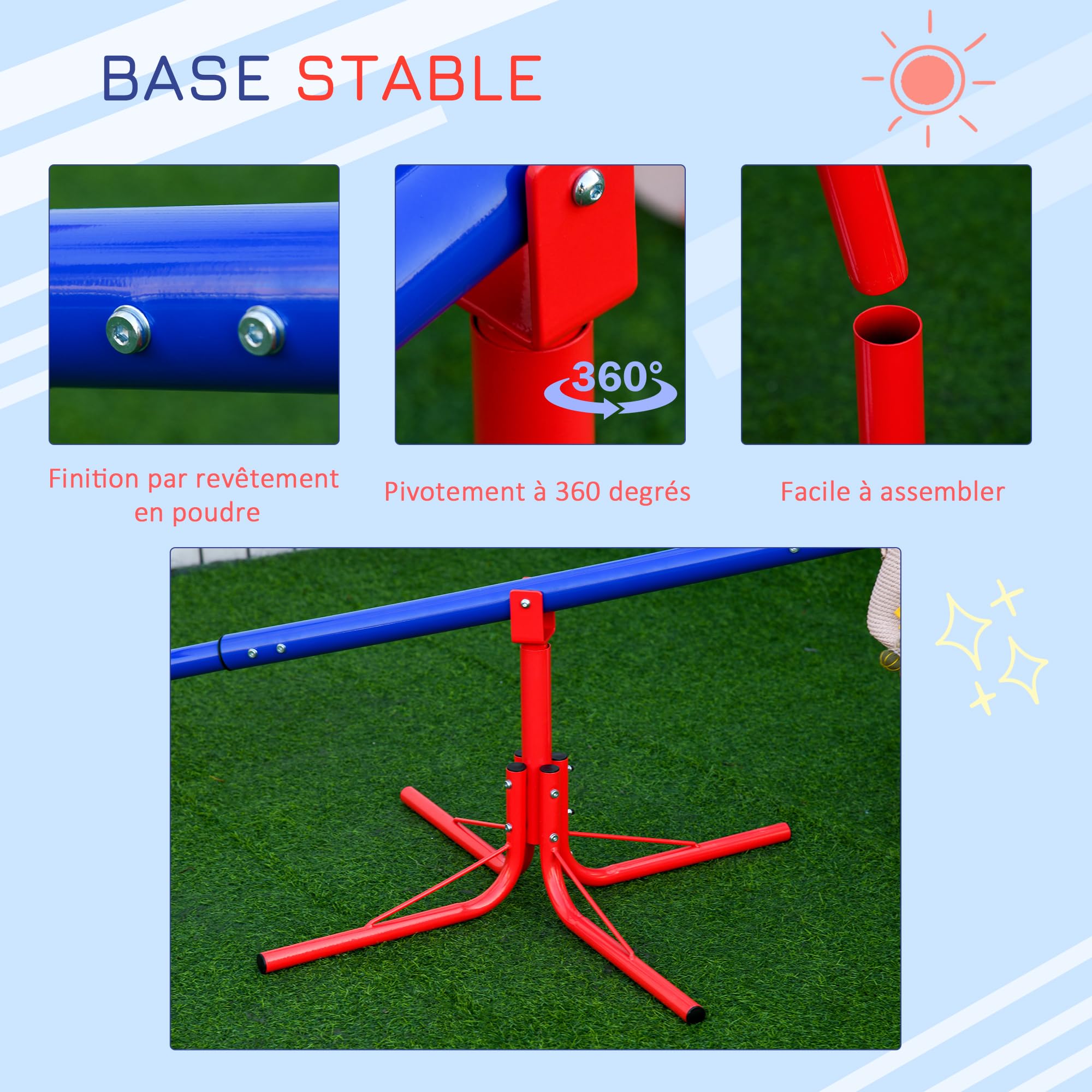 Outsunny Balançoire à Bascule 3 à 8 Ans 184 x 76 x 71 cm Multicolore | Trébuchet Rotatif 360°, Pied 4 Tiges, Poignée, Métal PP, Extérieur