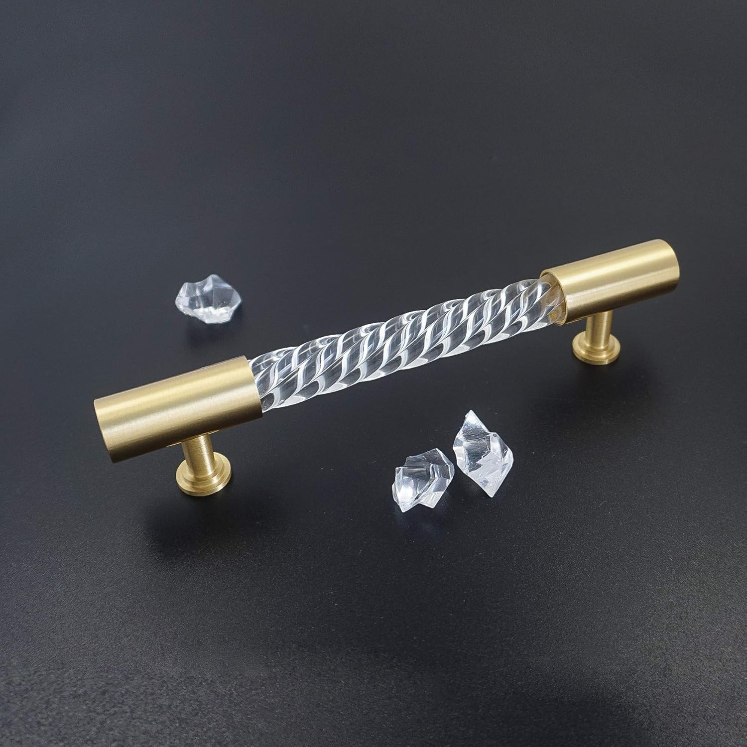 LBFEEL 8.8" Transparent Acrylic Cupboard Handles and Knobs Simple Twisted Dresser Drawer Pull T bar Handle Bathroom Cabinet Handle with Brass Bases 224mm (8.8" Hole Centers)