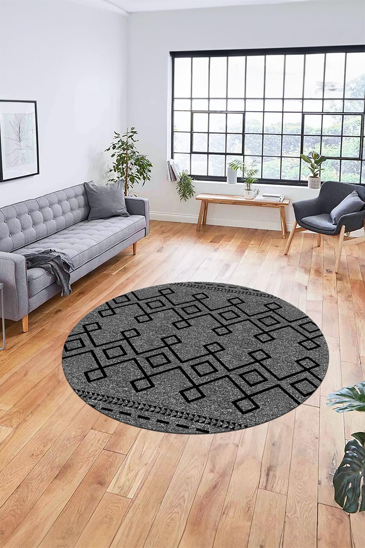 Evdeya Sade Desen Özel Tasarım Kaymaz Taban Yıkanabilir Yuvarlak Mutfak Salon Halısı Y-MODERN-87, Gri, 60 x 60