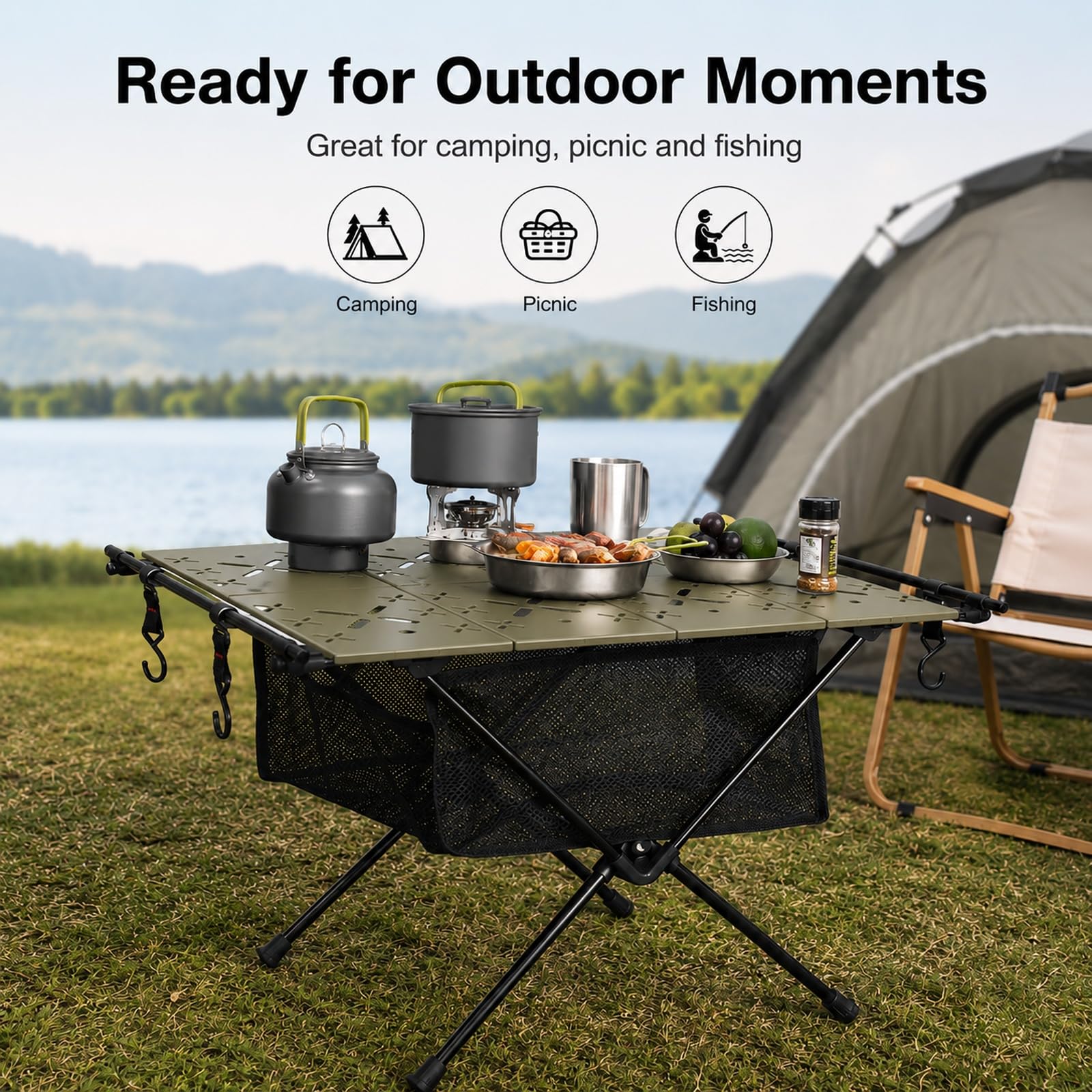 GOOGO Tavolo pieghevole da campeggio, piano in alluminio e ripiano in rete, tavolino ultraleggero outdoor per picnic, pesca e cucina all’aperto, 59 x 40 x 38 cm (verde)