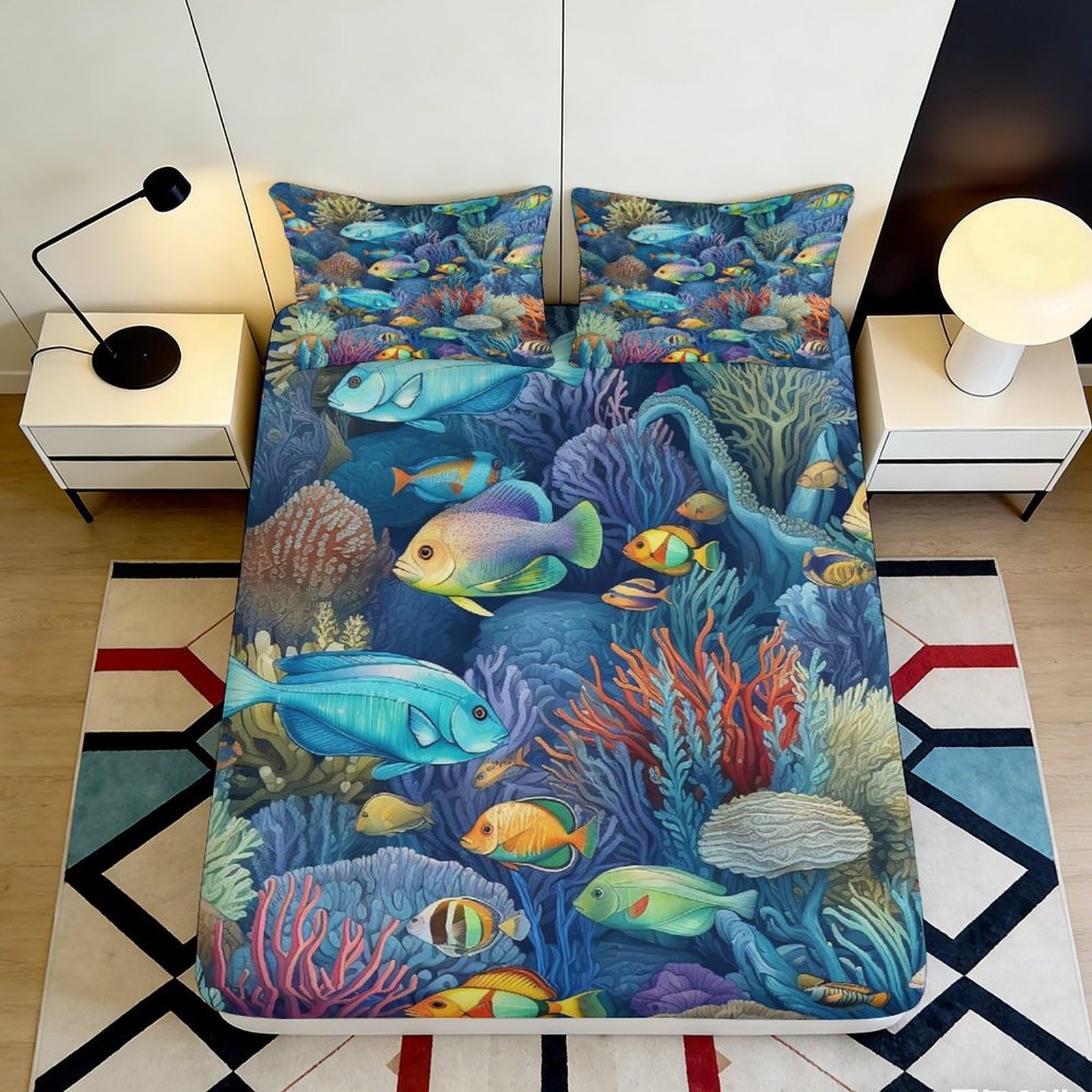 3D Printed Underwater Fish Fitted Sheet Microfiber Soft Durable Coral Reef Bed Cover for Bedroom Dormitory Guest Room Mattress Protection Decoration 200x200x25cm