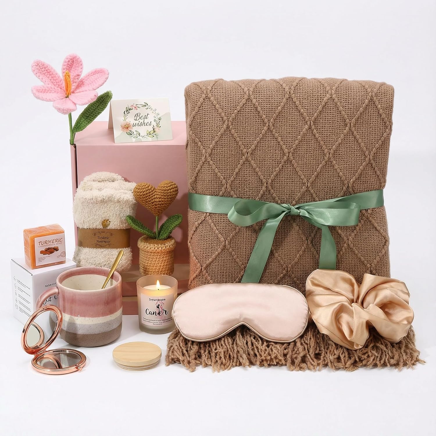 Christmas & Birthday Gifts for Women, Self Care Gift Basket Get Well Soon Care Package - Luxury Spa Set with Knitted Blanket, Fuzzy Socks, Mug, Candle, Scrunchie for Her, Mom, Best Friend - Image 9