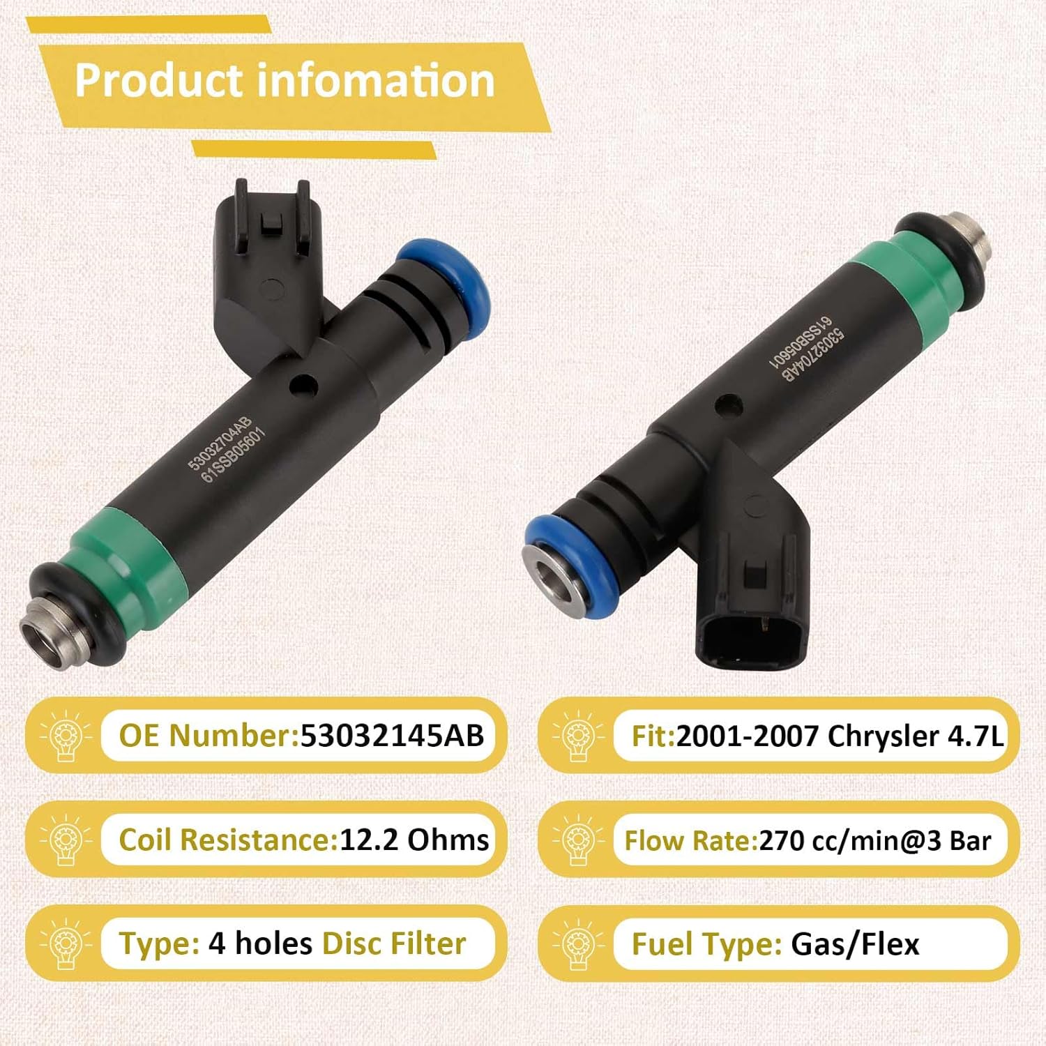 Set of 8 OE 4.7L-V8 Fuel Injectors,Compatible with/Dodge 2001-2007 Ram-1500 Pickup Durango,Compatible with/Jeep 4.7 Grand Cherokee, |#53032145AB| |4 Holes|