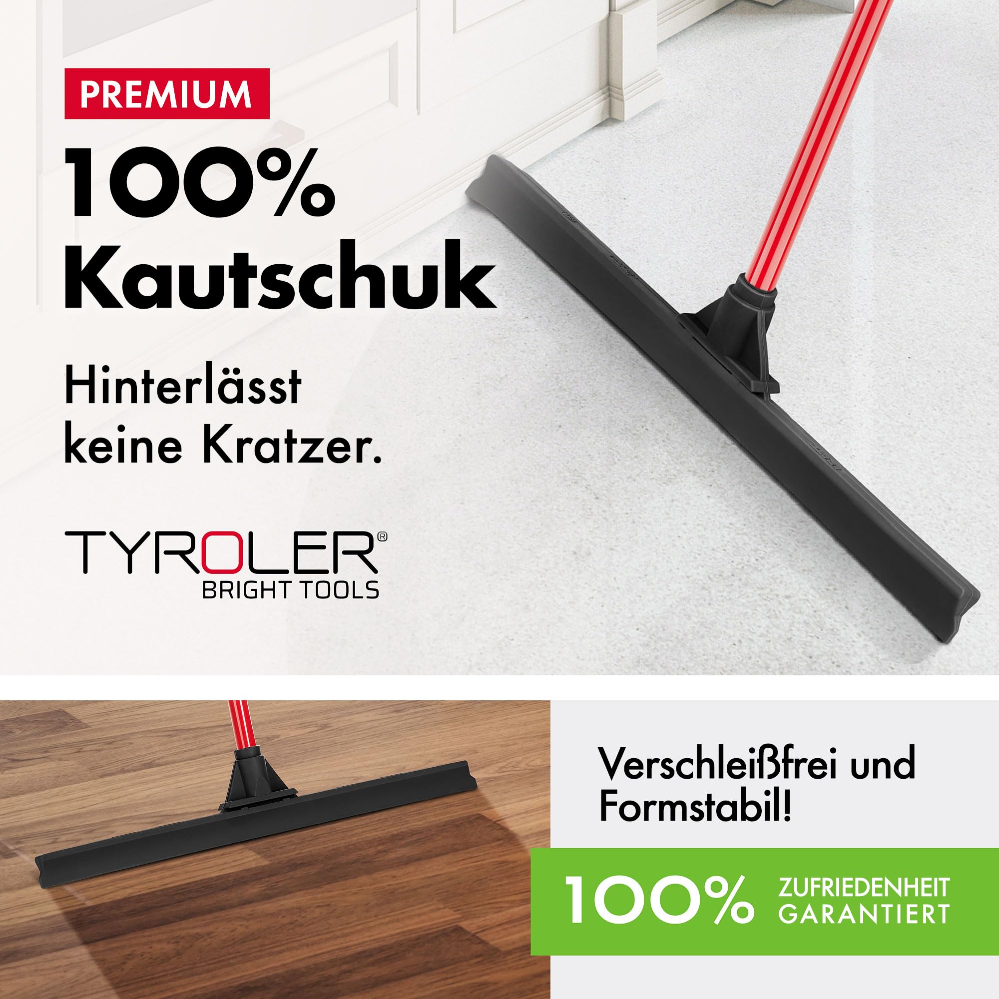 Tyroler Wasserschieber Bodenabzieher 60cm Gummi-Lippe mit Abzieher Boden | Wasserschieber mit Stiel 4-teiligem Griff 140cm | Wasserabzieher Boden geeignet für alle Oberflächen, Abzieher Dusche Boden