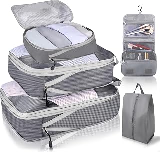 Compression Packing Cubes 5 Set, Travel Packing Cubes Expandable Luggage Organizer Packing Cubes with Hanging Toiletry Bag Multiple Sizes Clothing Sorting Packages Set for Travel Luggae Suitcase