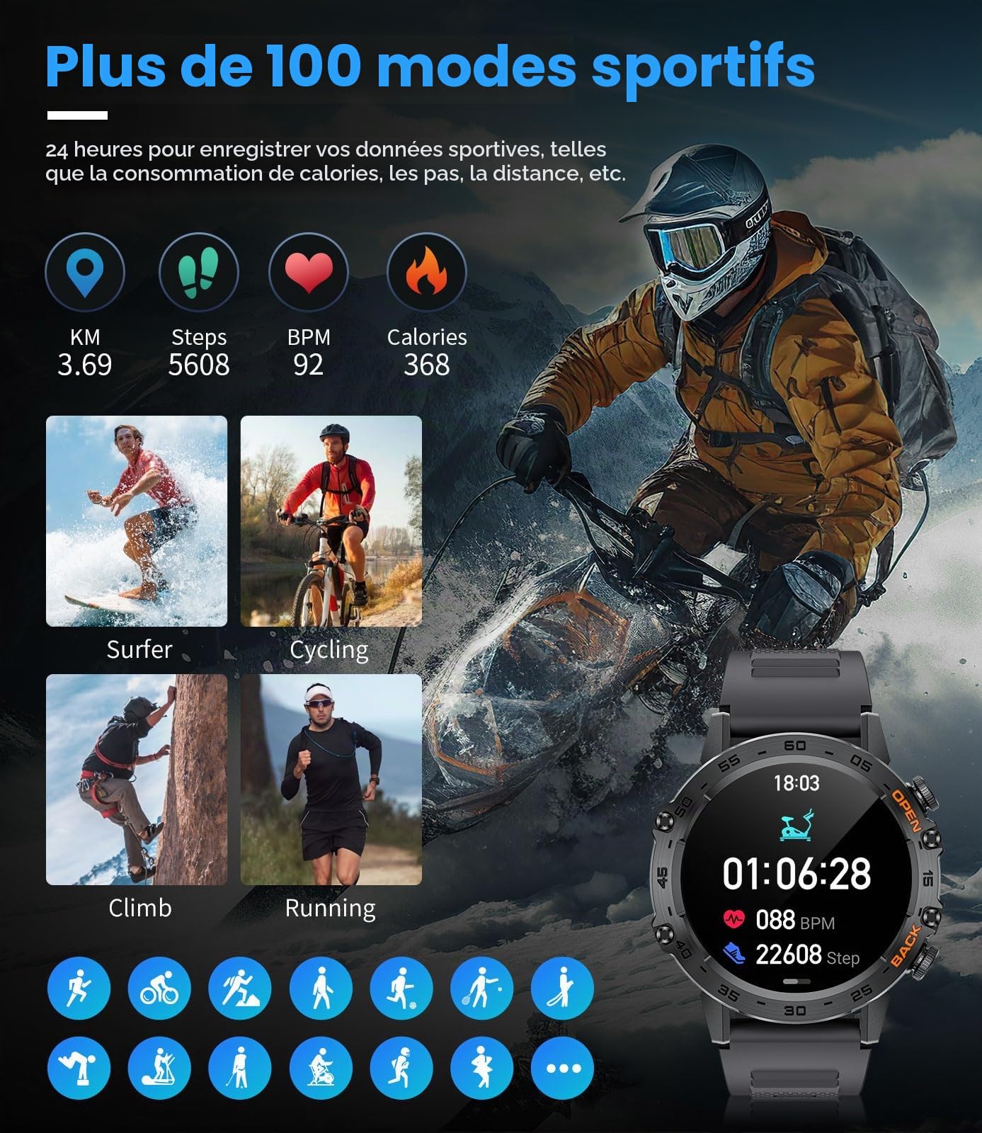 FOXBOX Montre Connectée Homme, 1.39" Militaire Smart Watch, Noir | 300+ Cadran, SpO2, Moniteur de Sommeil, 24H Fréquence Cardiaque, Appel Bluetooth, 100+ Sportmodi, Étanche IP67