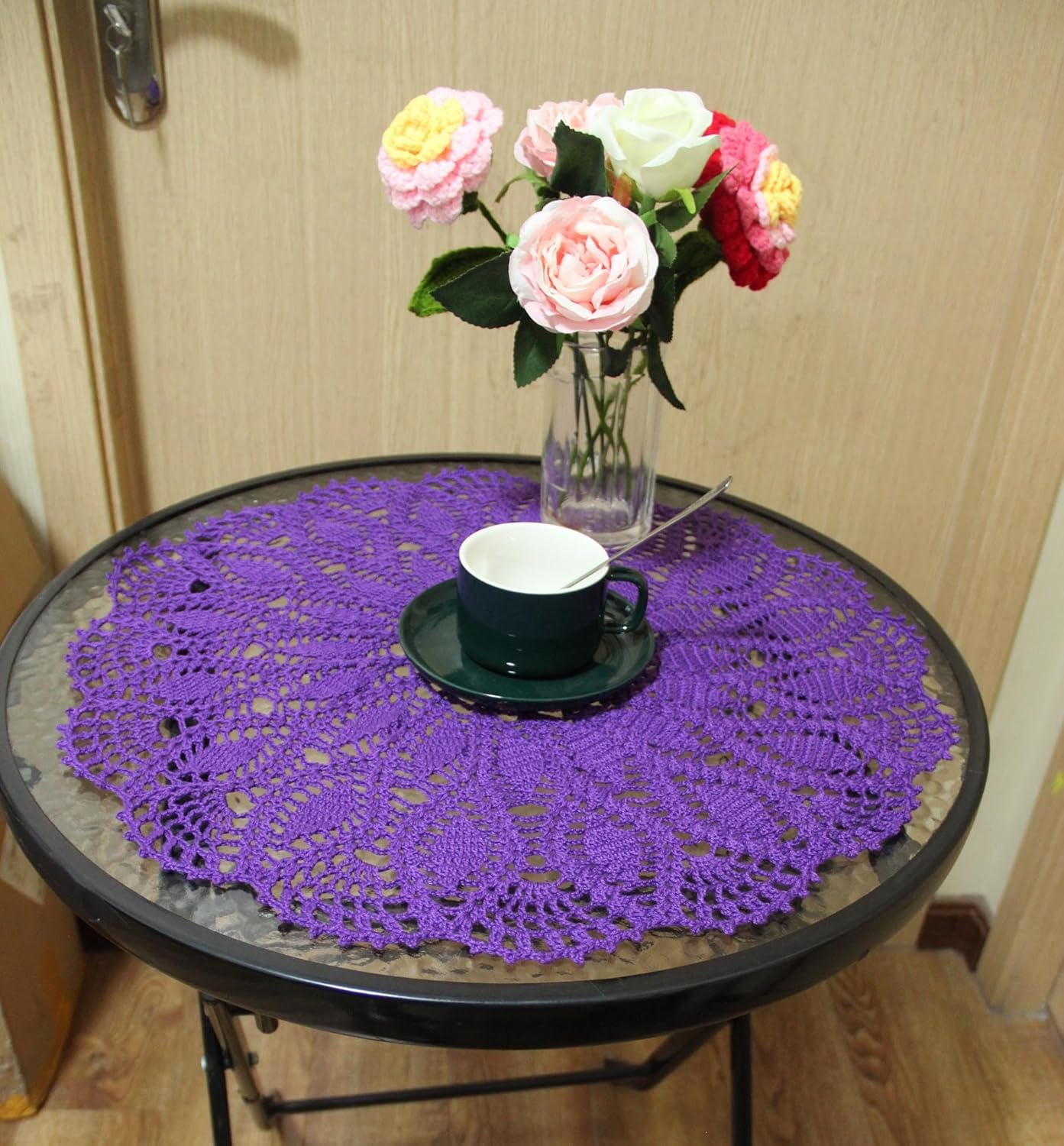 BIBITIME Handmade Crochet Round Lace Doilies Bohemia Lamp Sofa Decor Cover Wedding Placemat Kitchen Tablecloth (19.5 in to 21.5 in,Pack of 2PCS, Dark Purple)