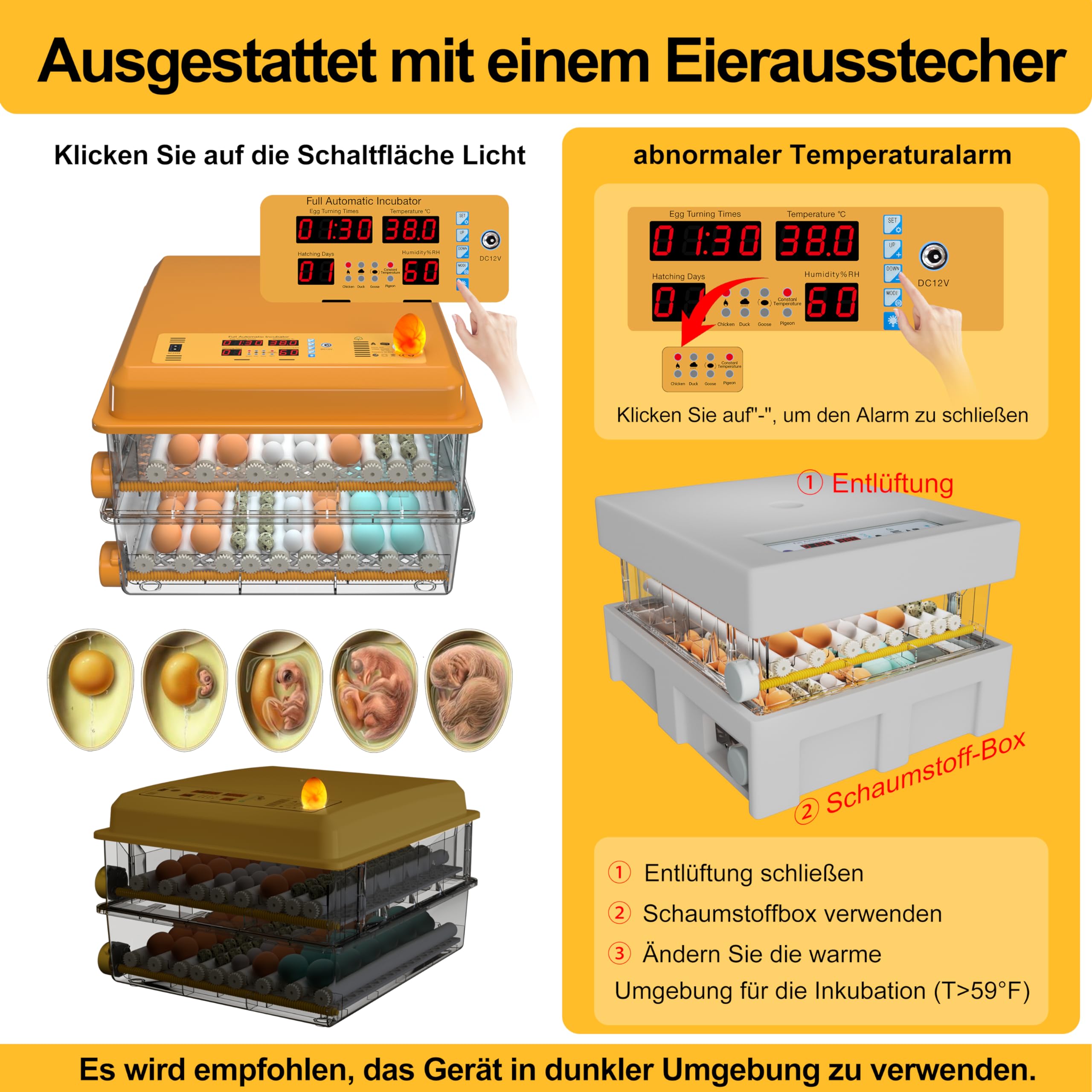Brutautomat Vollautomatisch Brutmaschine Vollautomatisch Inkubator Hühner für 120 Eier, Brutkasten mit Automatischem Eierdrehen und Anzeige der Luftfeuchtigkeit