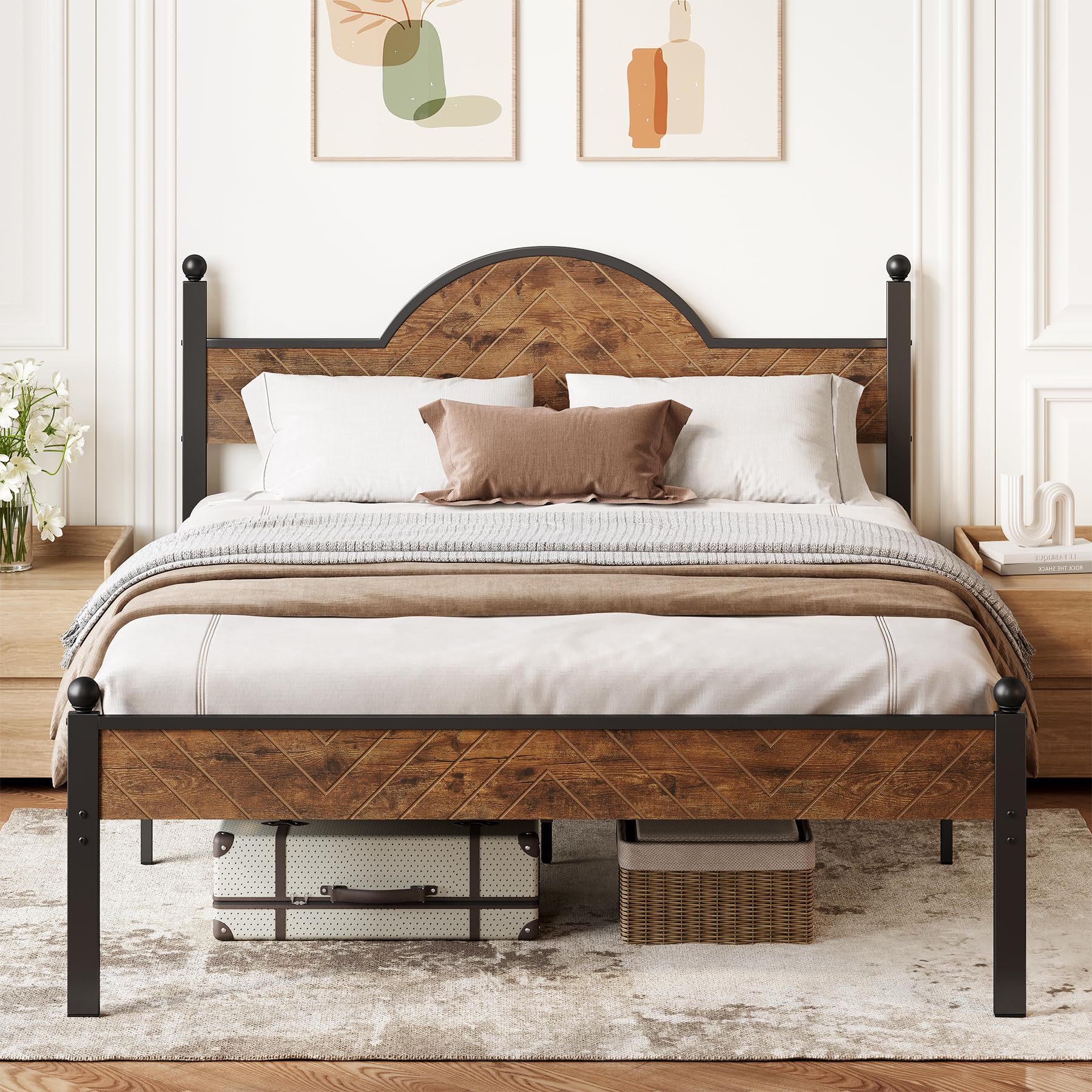 Tribesigns Queen Bed Frame with Wooden Height-Adjustable Headboard and Footboard, 12" Under Bed Storage, Non-Slip Without Noise, No Box Spring Needed, Easy Assembly, Rustic Brown