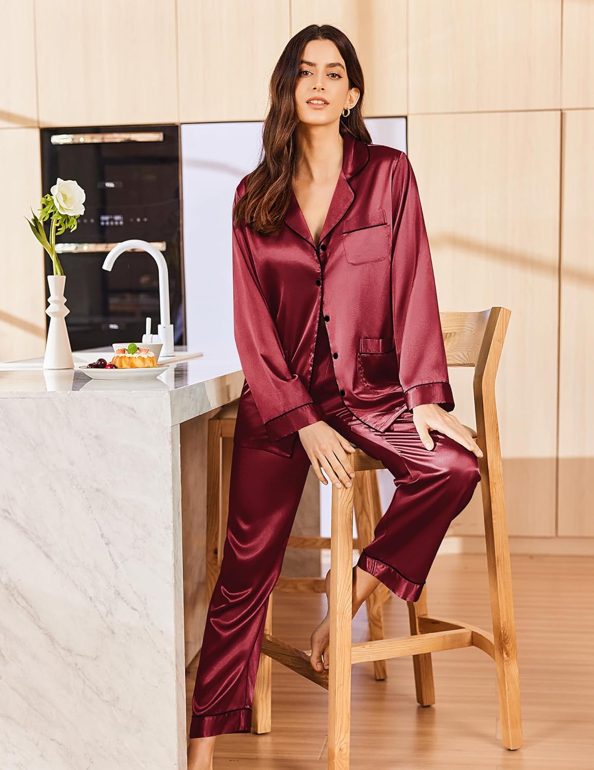 Ekouaer Silk Pajamas for Women Classic Button Down Satin Pajama Sets Long Sleeve Lounge Set - Image 7