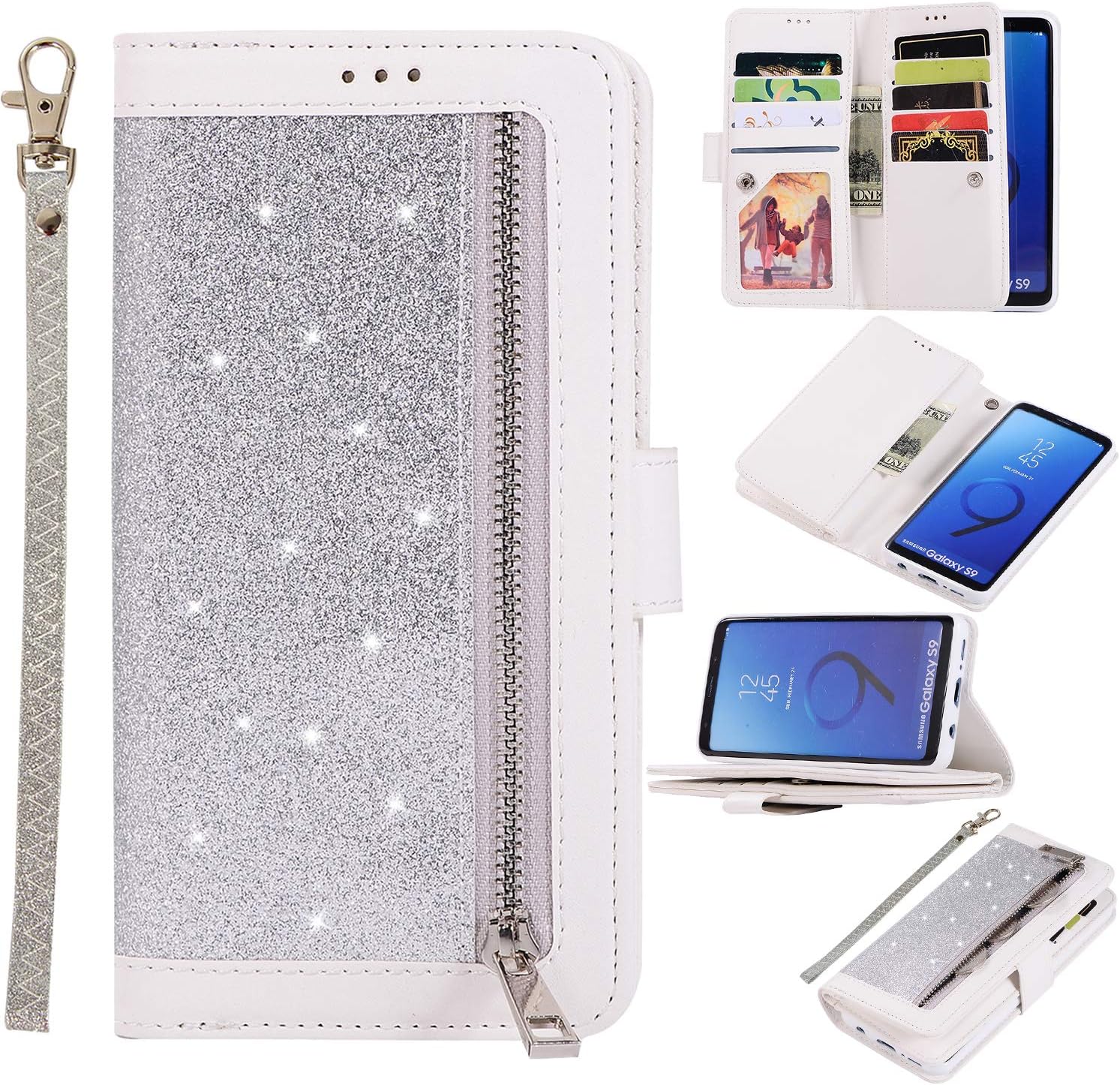EYZUTAK Wallet Case for Samsung Galaxy S9,Magnetic Handbag Zipper Pocket PU Leather Flip with 9 Card Slots and Wrist Strap Folio TPU Inner Stand Case for Samsung Galaxy S9 - Silver