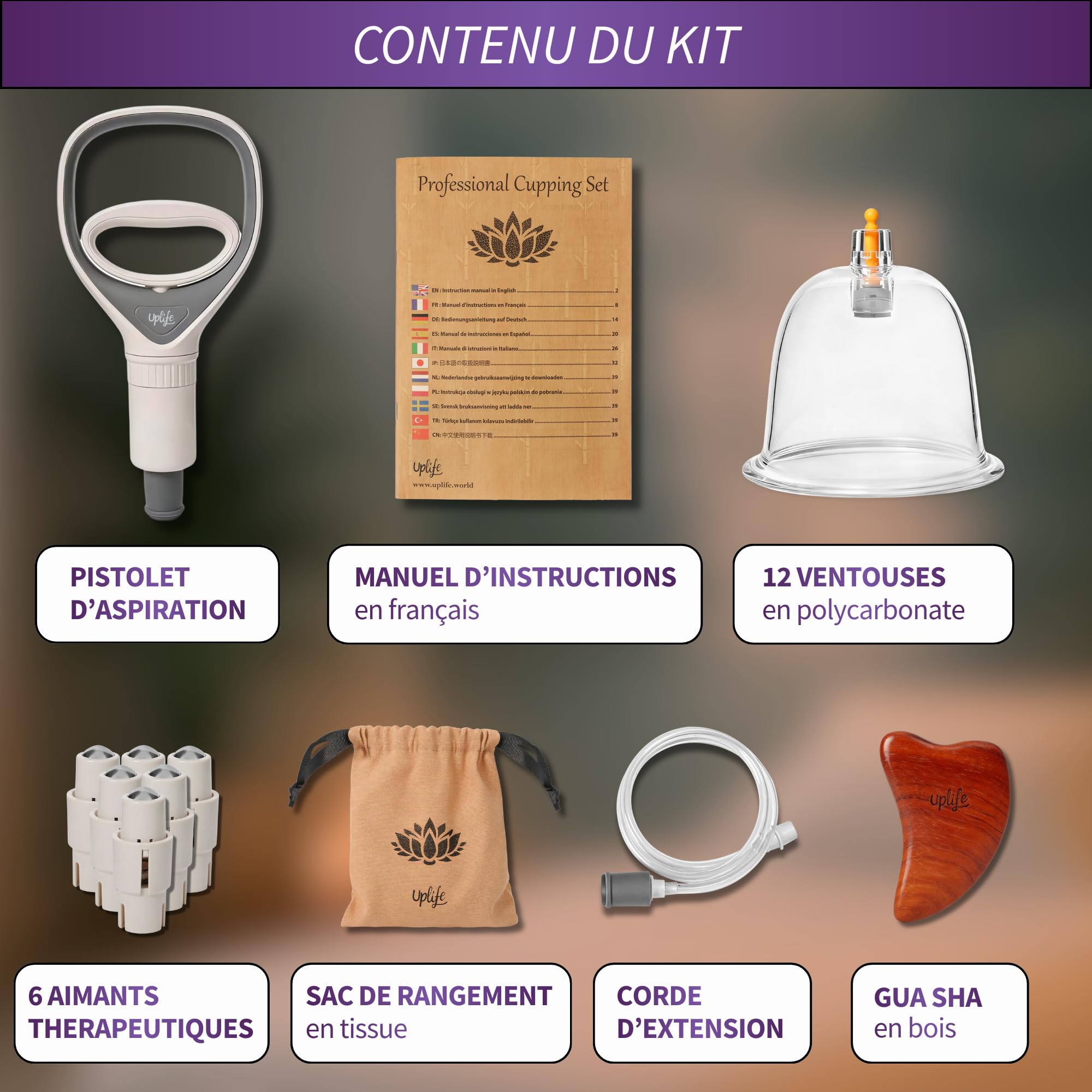 Uplife Kit de Ventouses Thérapeutiques en Polycarbonate - Instructions en Français - Ventouses Chinoises et Kiné pour Massage Anti Cellulite et Cupping - Dos Hijama (12 ventouses, 12, unité)
