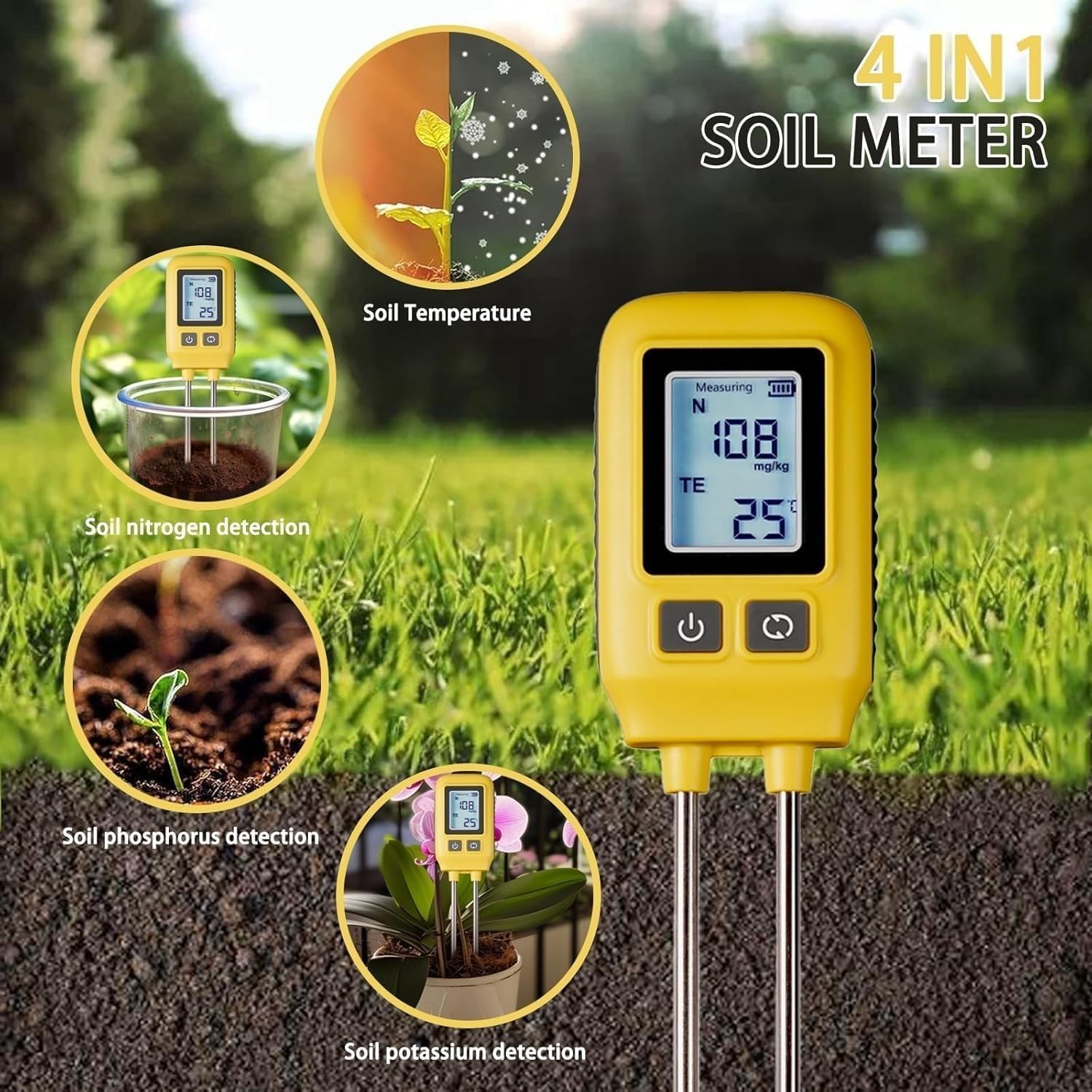 Probador de suelo Npk 4 en 1, medidor digital LCD de suelo, nitrógeno, fósforo, potasio, medición de temperatura, ideal para jardín, césped, granja, uso interior y exterior